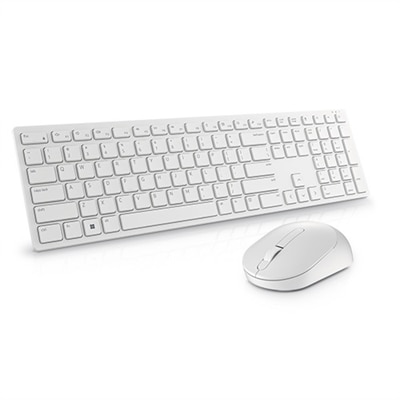 White DELL Pro Keyboard and Mouse set featuring a sleek design, QWERTY layout, low-profile keys, and a matching wireless mouse.