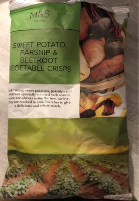 Green bag featuring an assortment of sweet potatoes, parsnips, and beetroot, with a field of vegetables in the background and bold text stating "Sweet Potato, Parsnip & Beetroot Vegetable Crisps."
