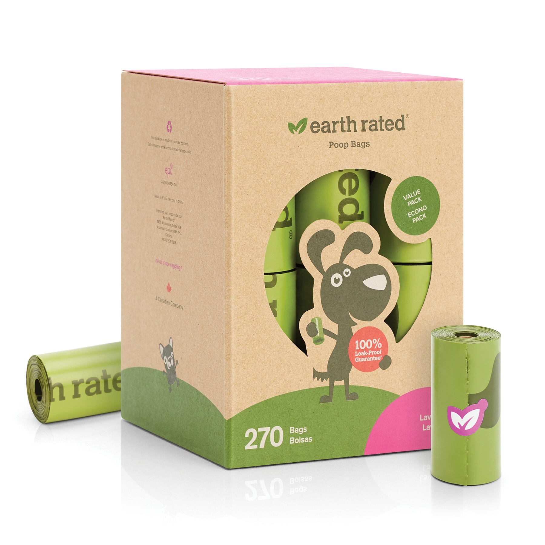 Green box of Earth Rated dog poop bags featuring lavender scent, containing 270 bags; includes a roll of bags and a playful dog graphic on the packaging.