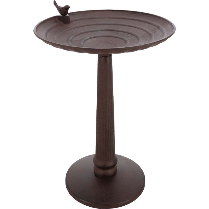 A large, brown cast iron birdbath with a circular, ridged basin and a decorative bird perched on the edge, supported by a sturdy, fluted pedestal.