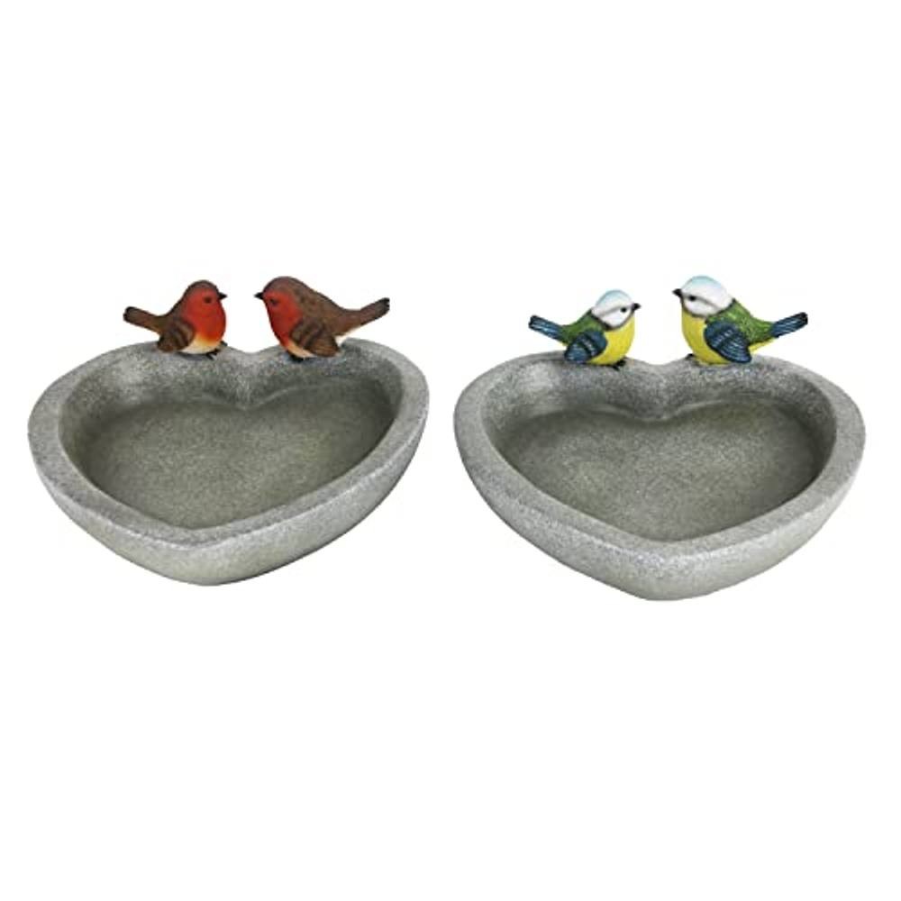 Heart-shaped ceramic bird bath in a textured gray finish, featuring two colorful bird figurines perched on the edges, ideal for attracting garden birds.