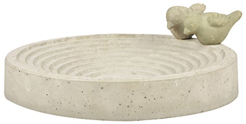 Modern white concrete bird bath featuring a circular design with concentric rings and two small bird sculptures perched on the edge.