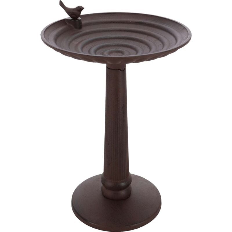 Round cast iron birdbath with a textured, rippled basin, featuring a small bird sculpture on the edge, supported by a sturdy, fluted pedestal in a dark brown finish.