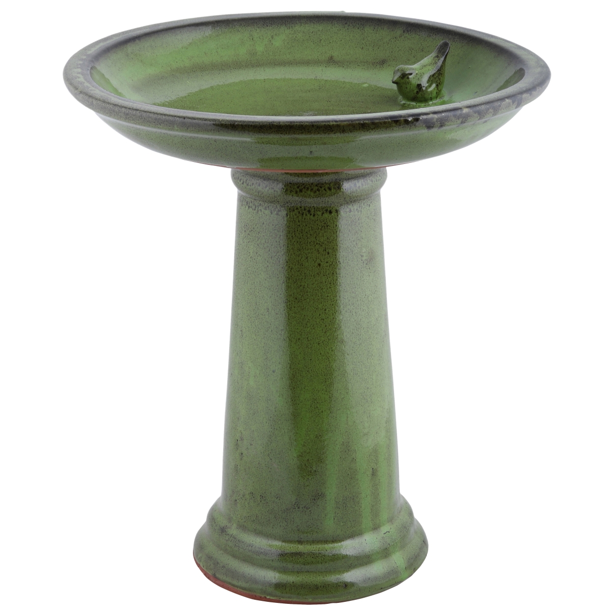 Ceramic bird bath on a pedestal in a vibrant green color, featuring a small bird sculpture on the rim, designed for outdoor use.
