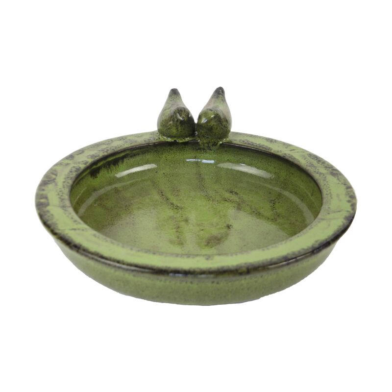 Ceramic round bird bath in a vibrant green color, featuring a smooth interior and two decorative bird figures perched on the rim.