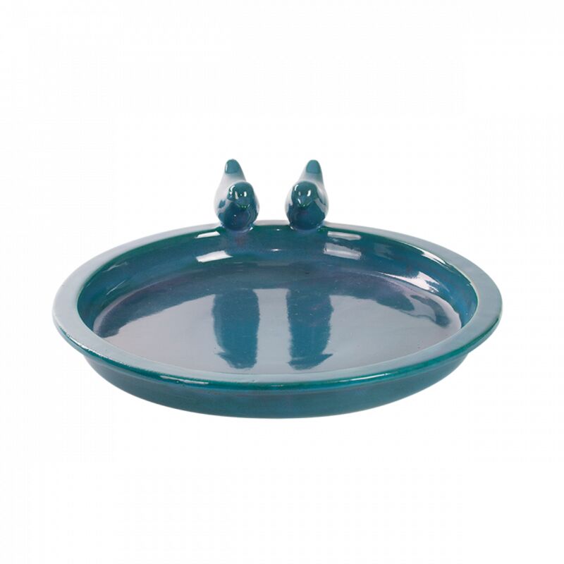 Ceramic round bird bath in petrol blue, featuring two decorative bird figures perched on the rim, with a smooth glossy finish.