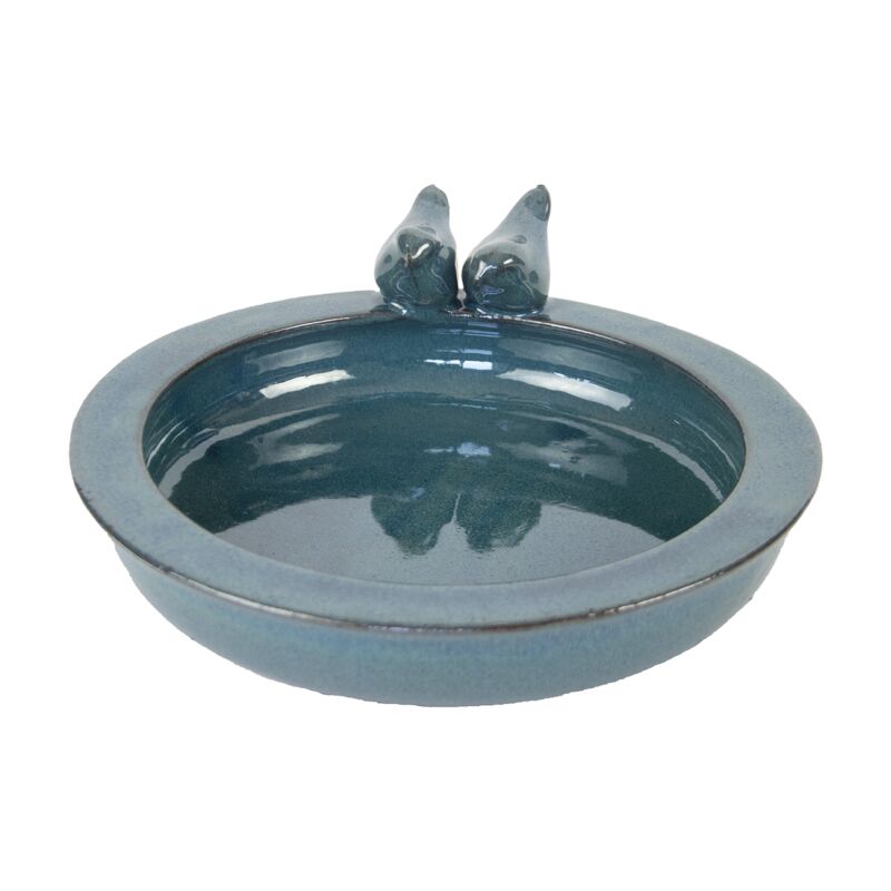 Ceramic round bird bath in petrol blue, featuring a smooth glossy finish and two decorative bird figurines perched on the rim.