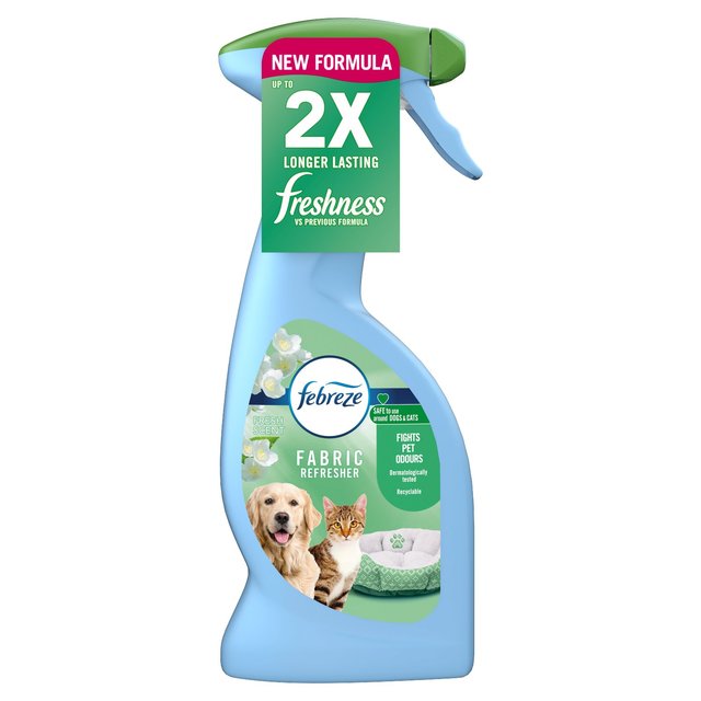 Light blue spray bottle with a green nozzle, featuring a label that reads "Febreze Fabric Refresher Pet" and images of a dog and cat, emphasizing pet odor elimination.