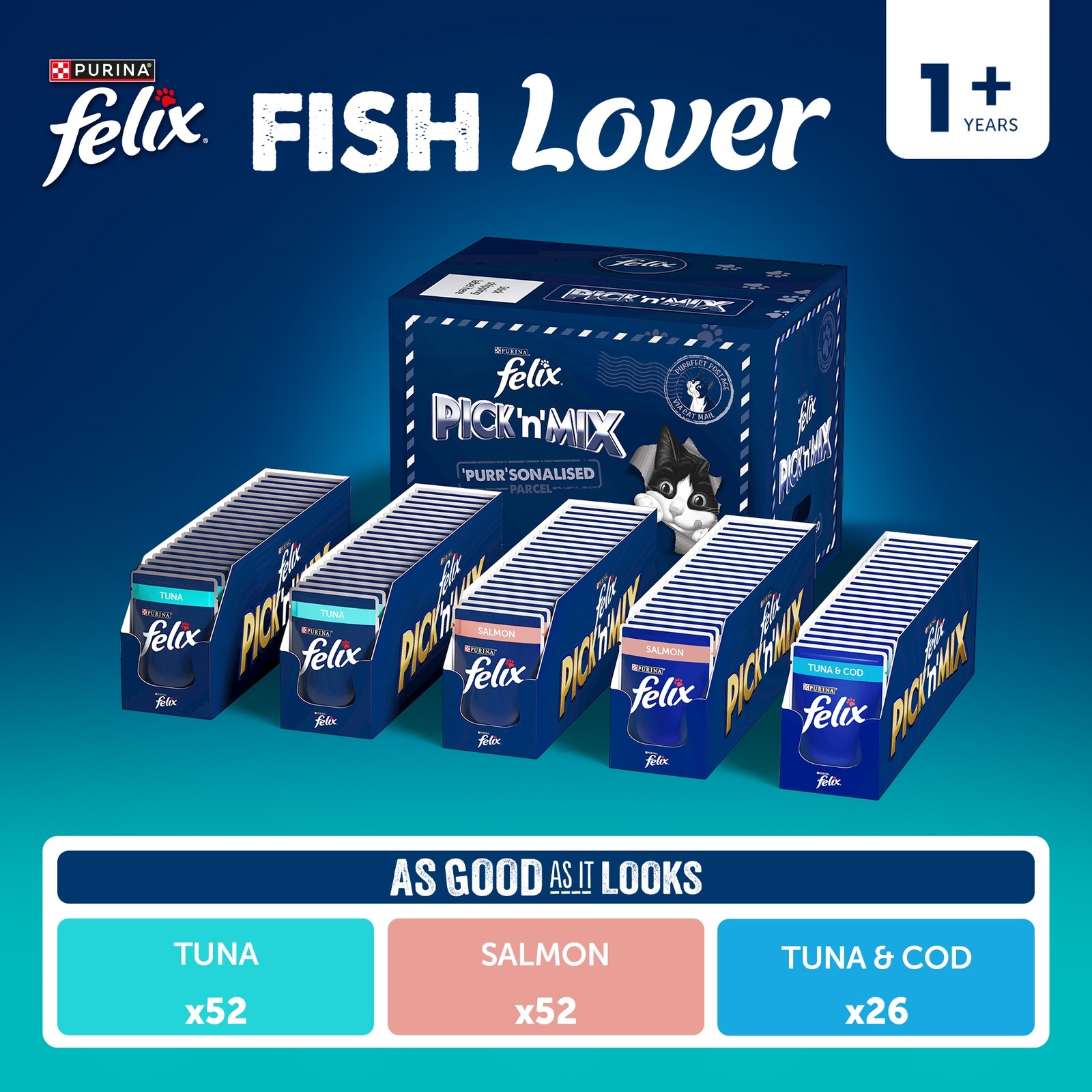 Felix Pre-Mixed Bundle Adult Wet Cat Food featuring a blue box labeled "Fish Lover" with 130 pouches, including tuna, salmon, and tuna & cod flavors.