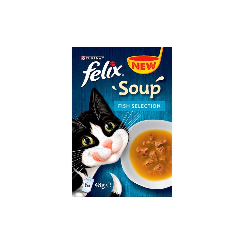 Felix Soup Fish Selection packaging features a playful black and white cat, a bowl of soup, and a blue background, highlighting the flavors of plaice, tuna, and cod.