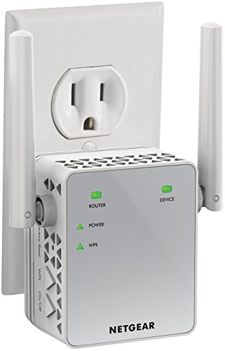 NETGEAR Wi-Fi Range Extender EX3700 in white, featuring two adjustable antennas, LED indicators for power and Wi-Fi, designed for boosting wireless signal up to 750Mbps.
