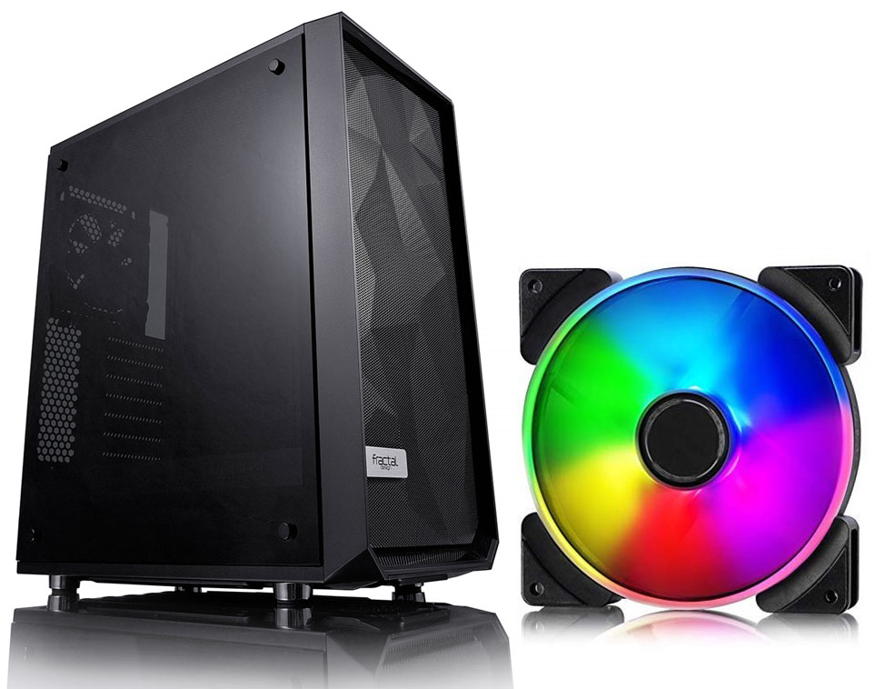 Black MIDI tower case with a tempered glass side panel, geometric mesh front, and a vibrant RGB fan beside it, showcasing a sleek and modern design.