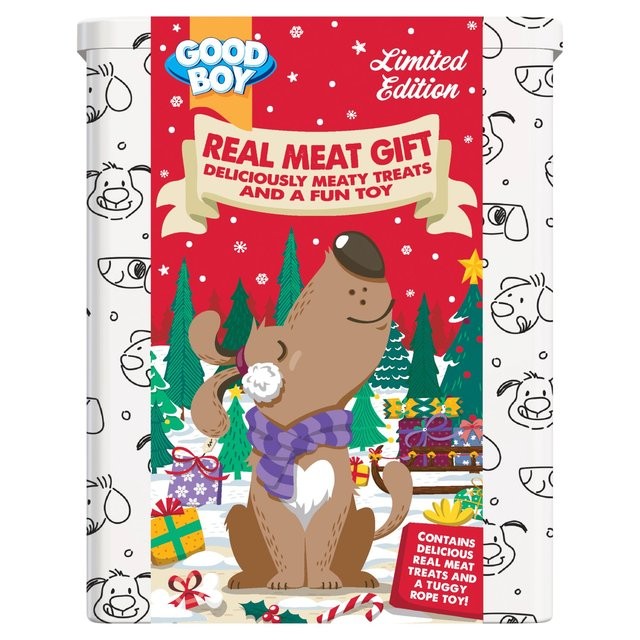 White tin featuring a festive design with a cartoon dog in a purple scarf, surrounded by Christmas trees and gifts, labeled "Good Boy Limited Edition Real Meat Gift."