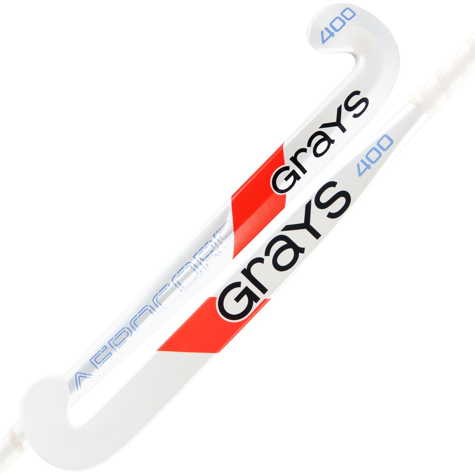 White composite hockey stick with a curved hook, featuring red and black accents, and "Grays 400" branding prominently displayed on the shaft.