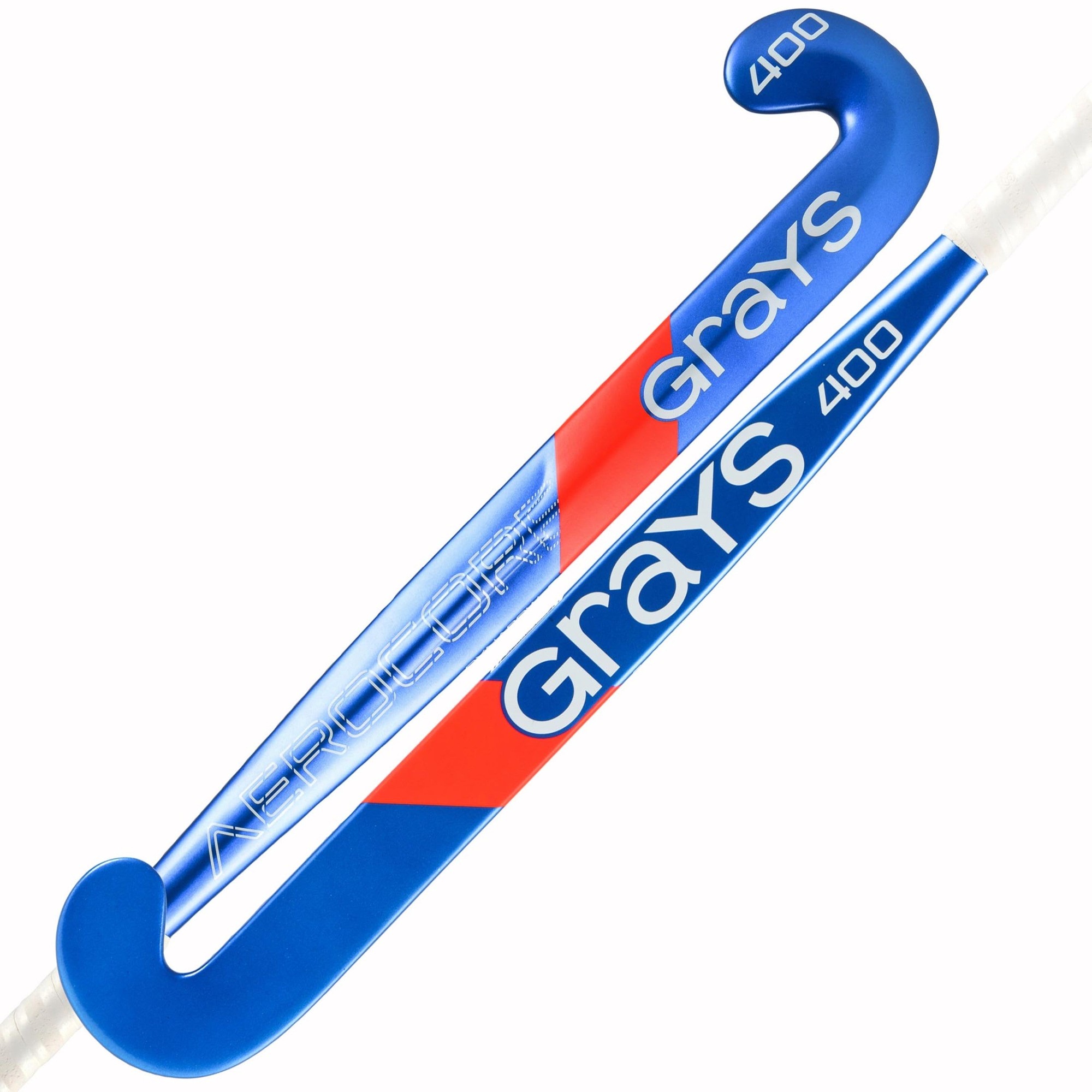 Blue and red composite hockey stick with a curved blade, featuring "Grays" branding and "400" model number, designed for junior players.