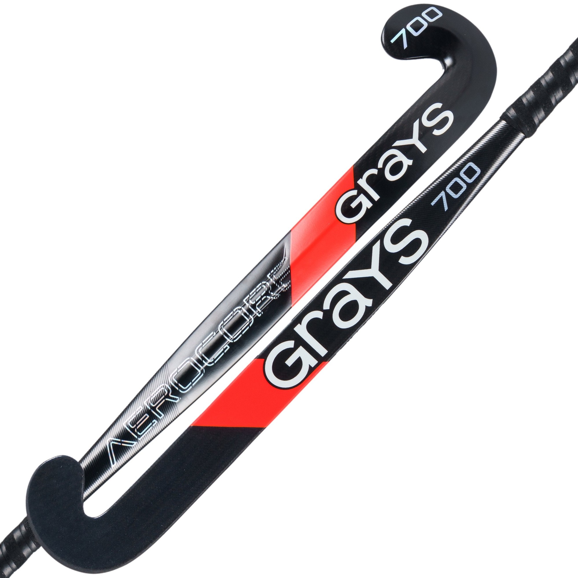 Black composite hockey stick with a curved Dynabow shape, featuring red and silver accents, and "Grays 700" branding prominently displayed on the shaft.