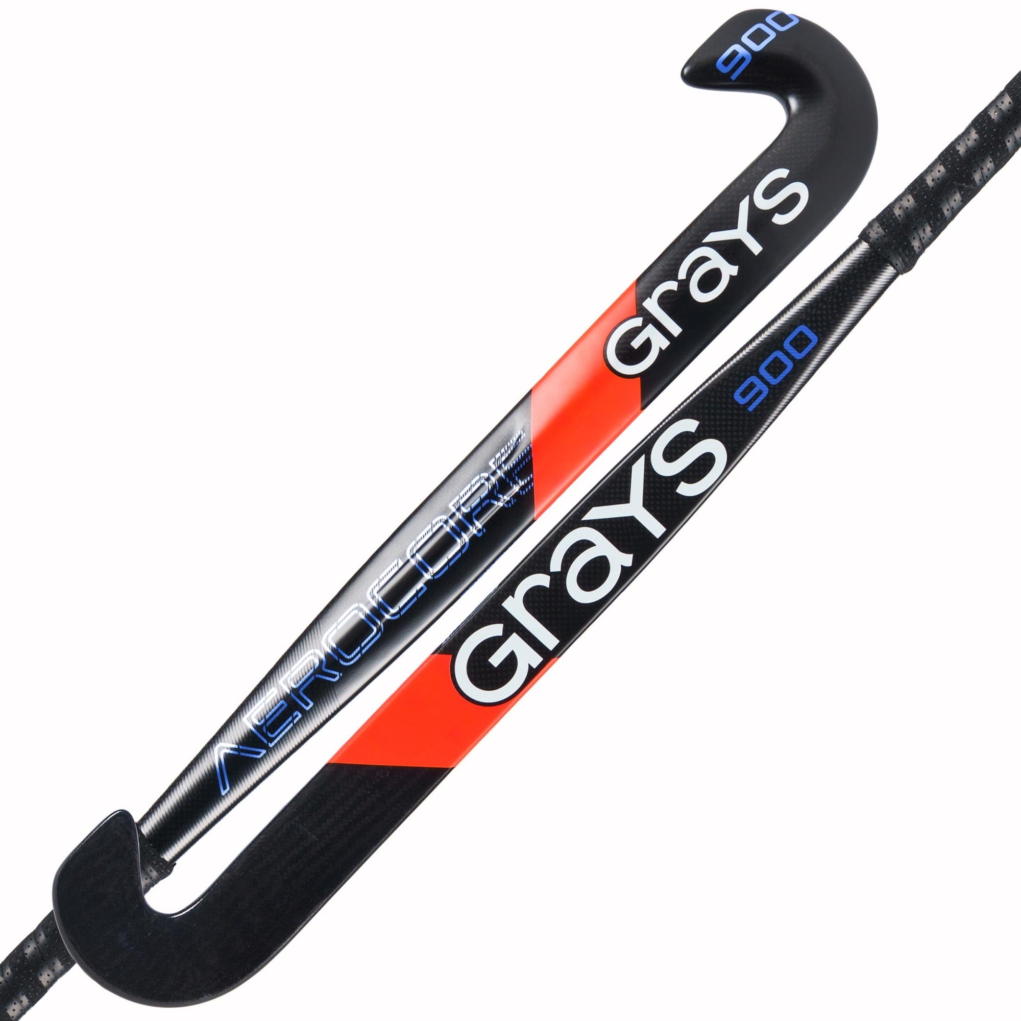 Black composite hockey stick with a sleek design, featuring blue and red accents, "Grays" branding, and "900" model number prominently displayed.
