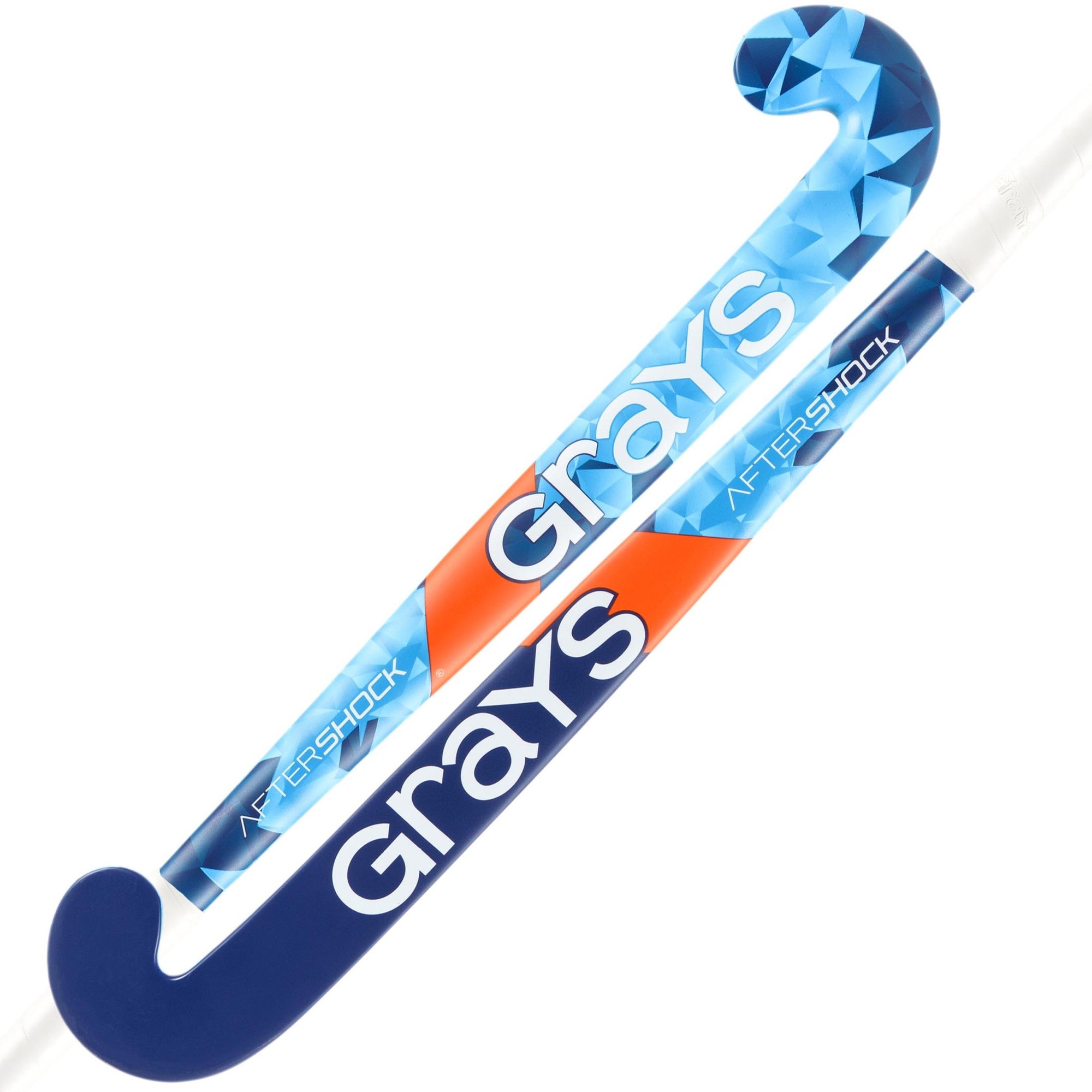 Blue and white Grays Aftershock Ultrabow Junior Hockey Stick featuring a geometric design, vibrant orange accents, and a curved blade for enhanced control and performance.