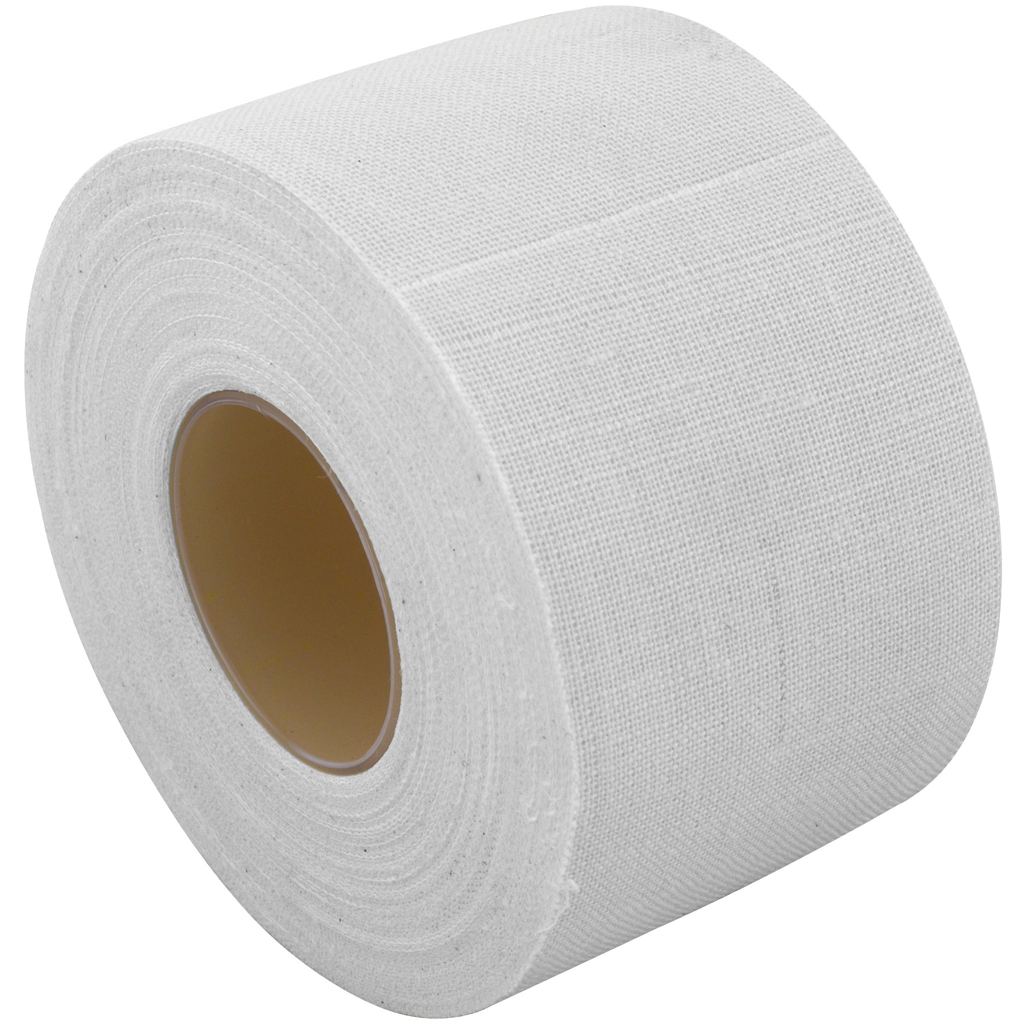 White cloth tape roll with a textured surface and a cardboard core, designed for sports use, featuring a strong adhesive for secure application.