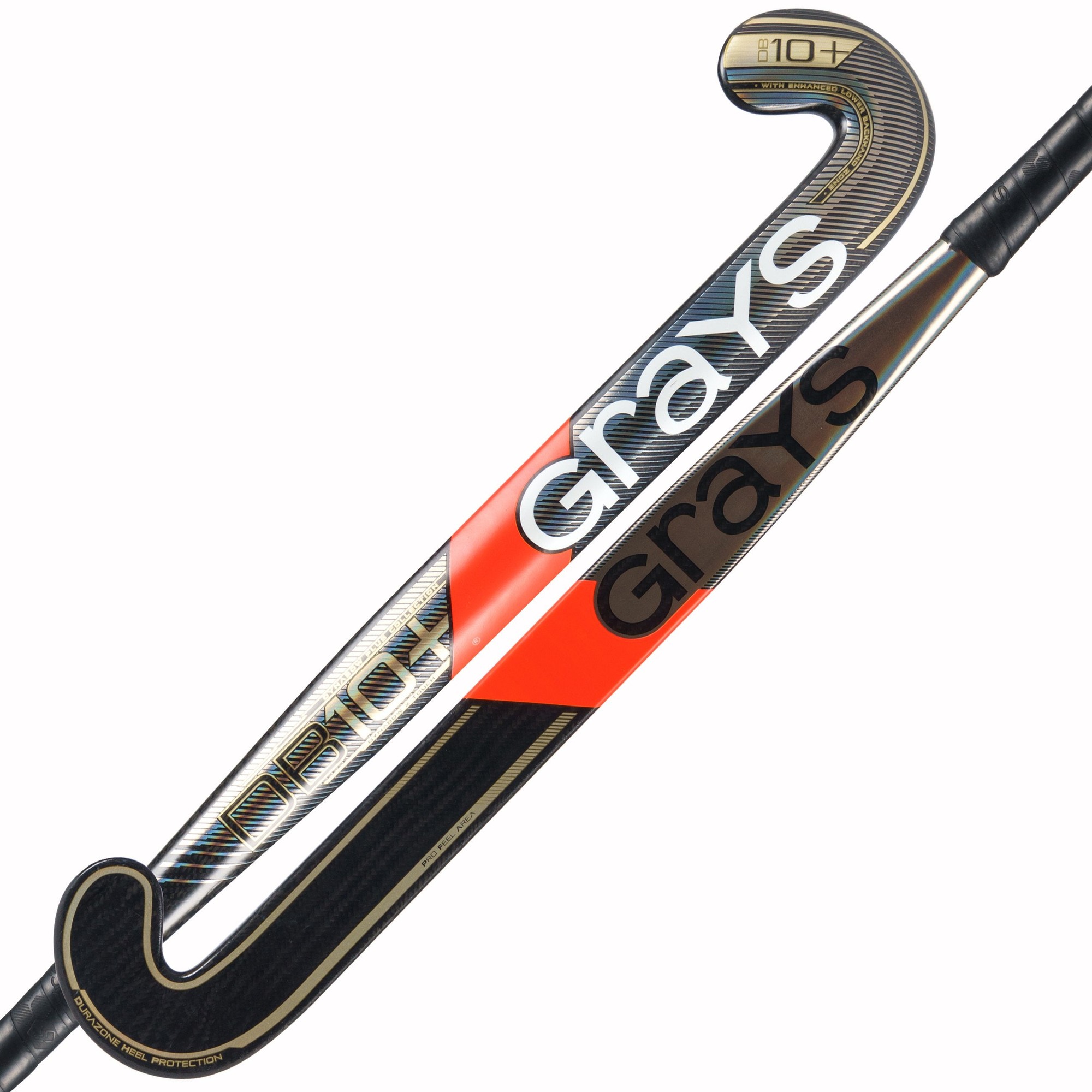 Grays Hockey DB 10+ field hockey stick featuring a black and orange design, made of composite material with a curved hook and textured grip for enhanced control.