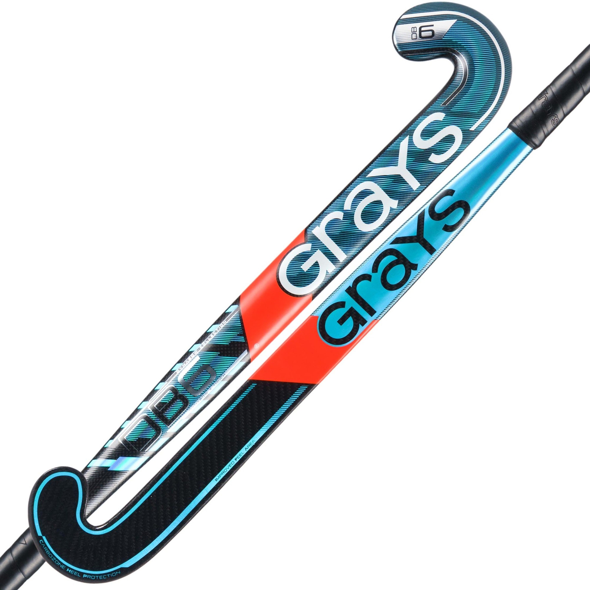 Black composite hockey stick with blue and red accents, featuring the "Grays" logo prominently displayed on the shaft and a curved hook for enhanced control and playability.