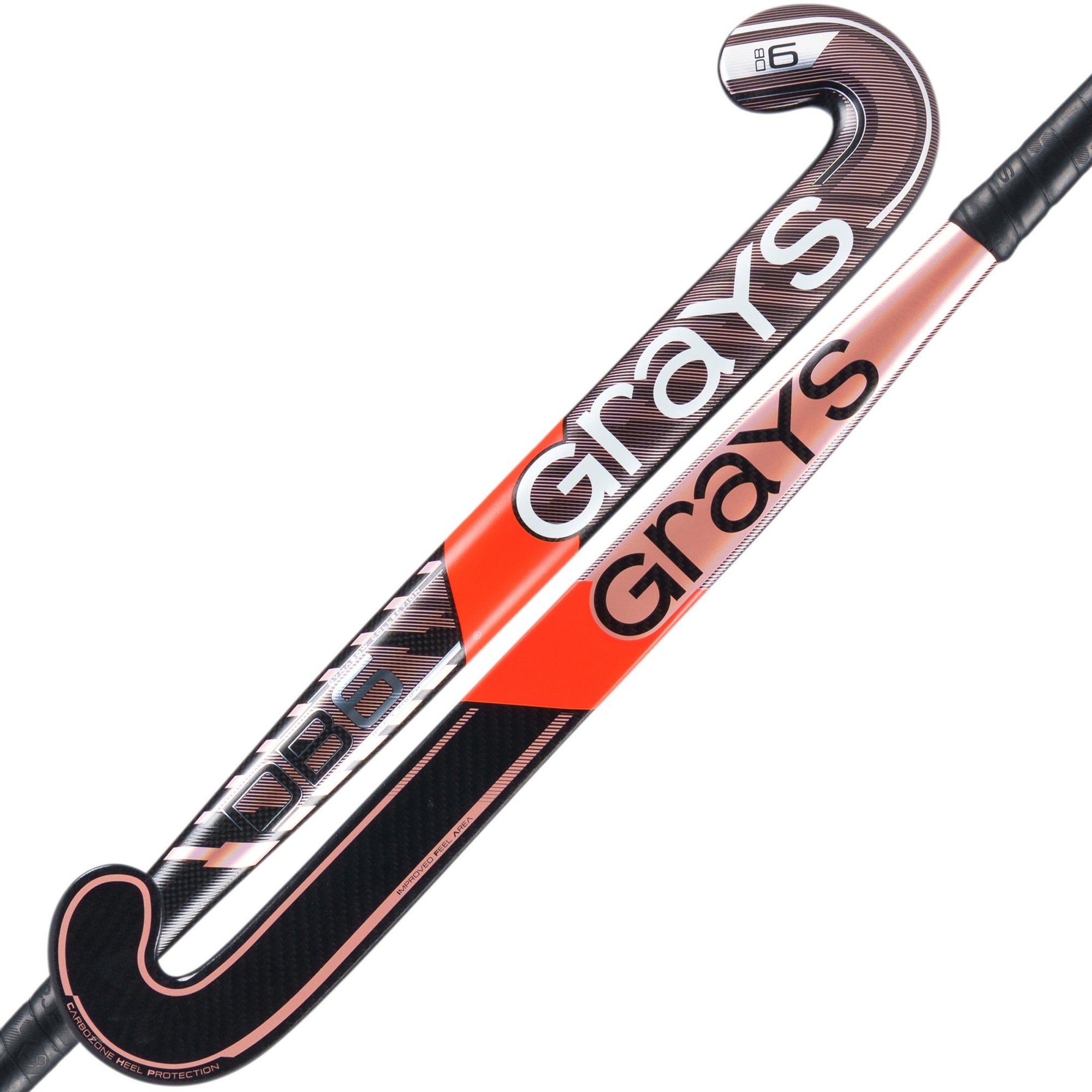 Black composite hockey stick with a sleek design, featuring the "Grays" logo prominently, and a curved hook for enhanced control and performance.