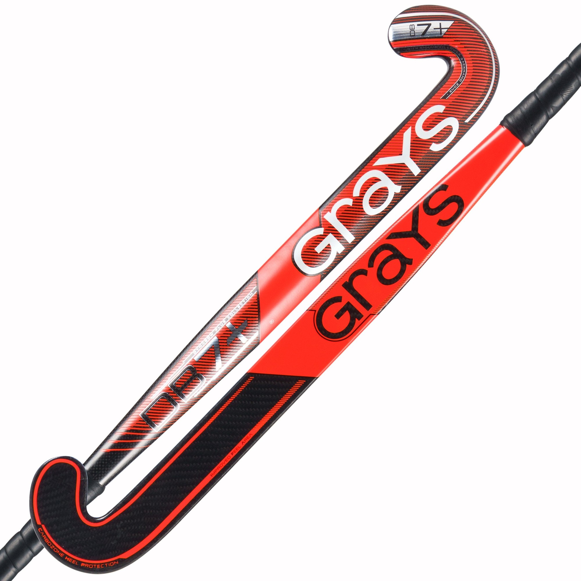 Black and orange composite hockey stick with a curved hook, featuring the Grays logo prominently displayed and a textured grip for enhanced control.
