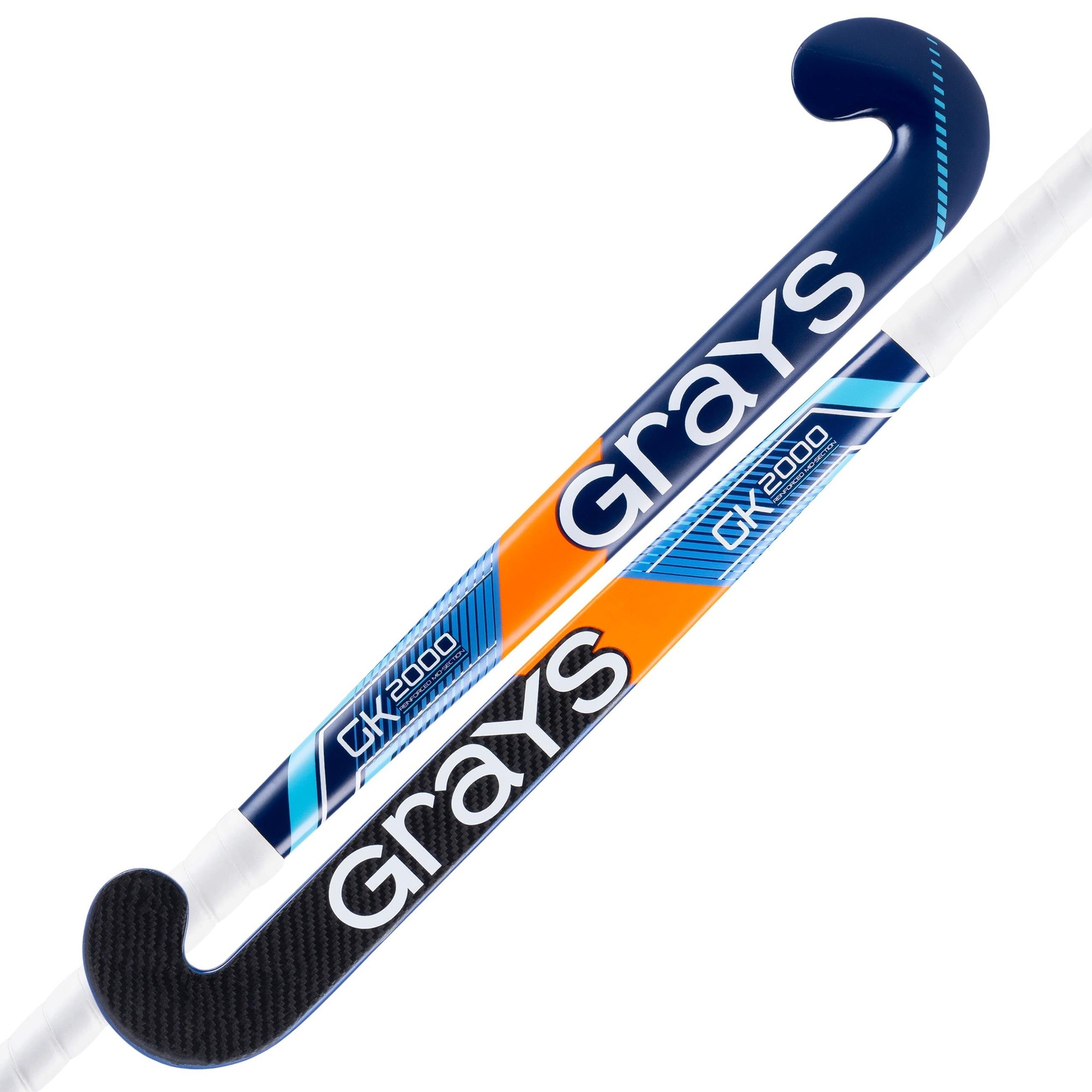 Grays GK2000 Ultrabow Junior Composite Goalie Hockey Stick features a navy blue and orange design with a curved blade and a textured grip for enhanced control.