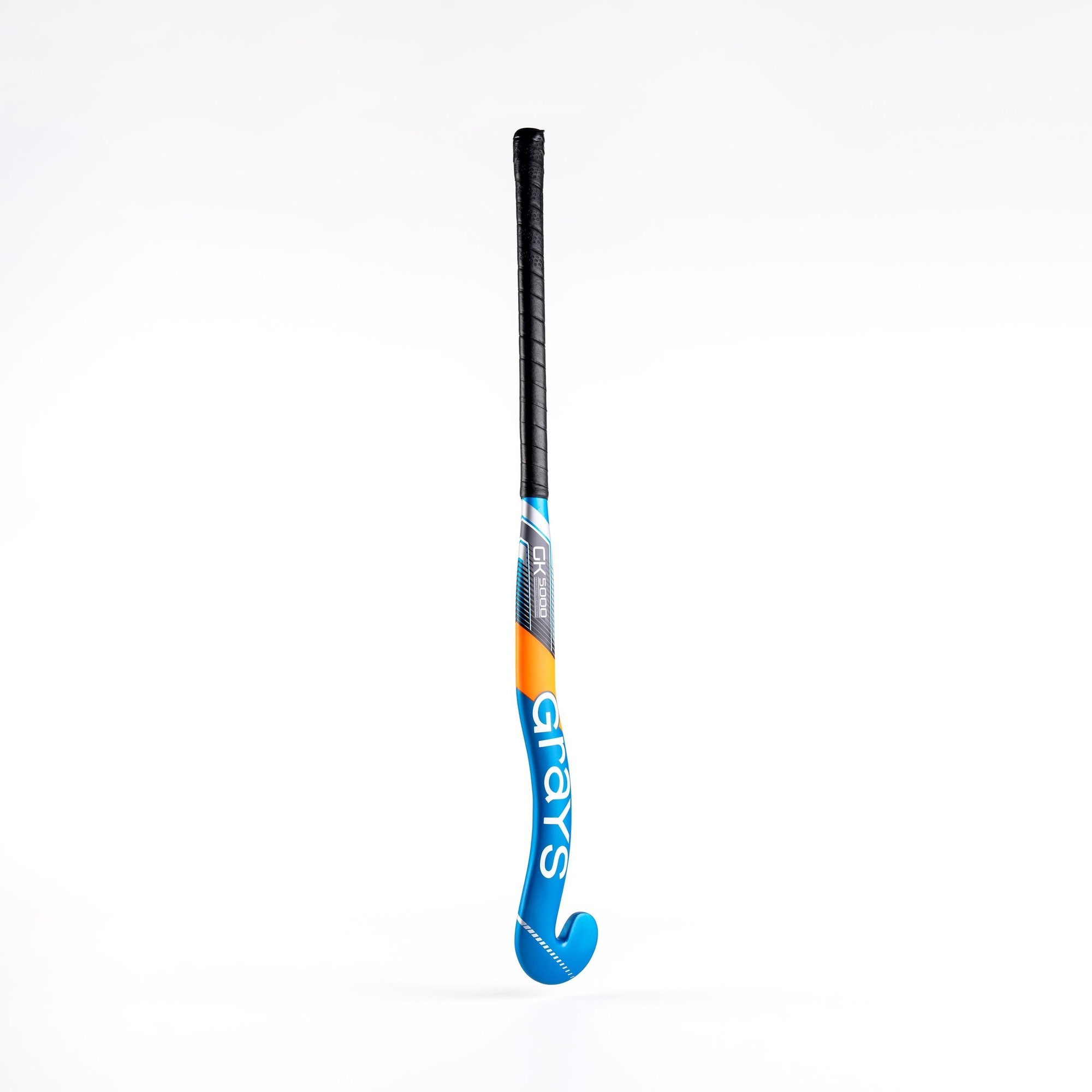 Blue and orange composite goalie hockey stick with a curved blade, featuring a textured black grip and the "Grays" logo prominently displayed.