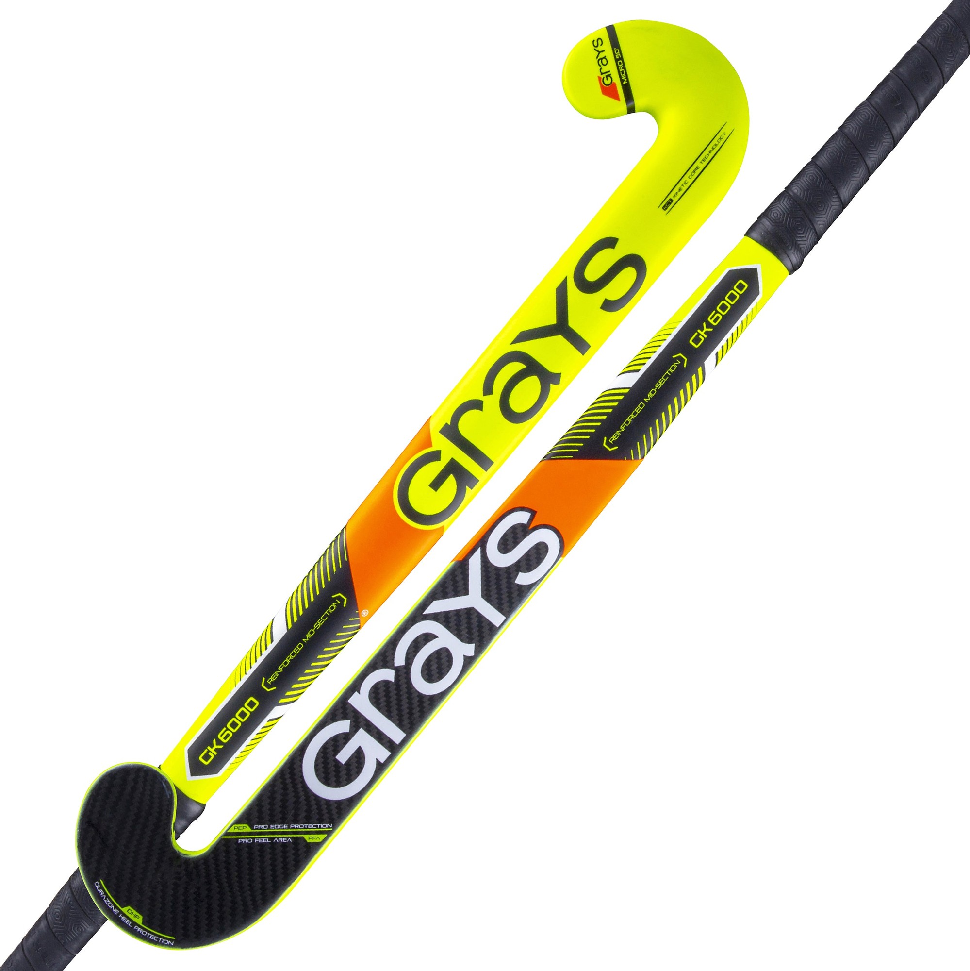 Fluo yellow composite goalie hockey stick with a curved hook, featuring black and orange accents, textured grip, and "Grays GK6000" branding along the shaft.
