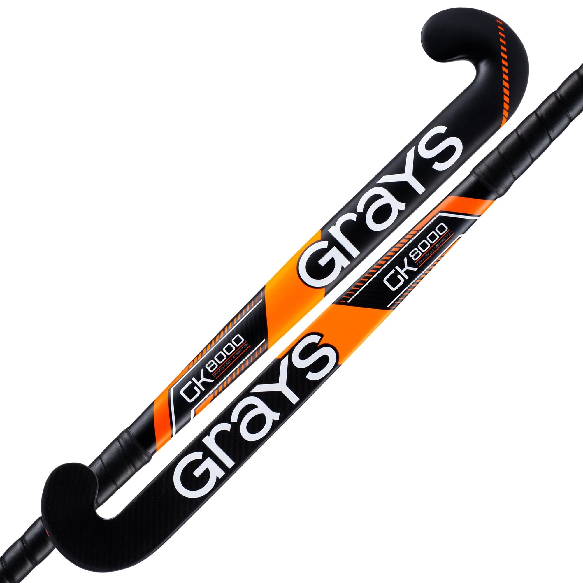 Black and orange Grays GK8000 Ultrabow composite goalie hockey stick featuring a curved design and textured grip for enhanced control and performance.