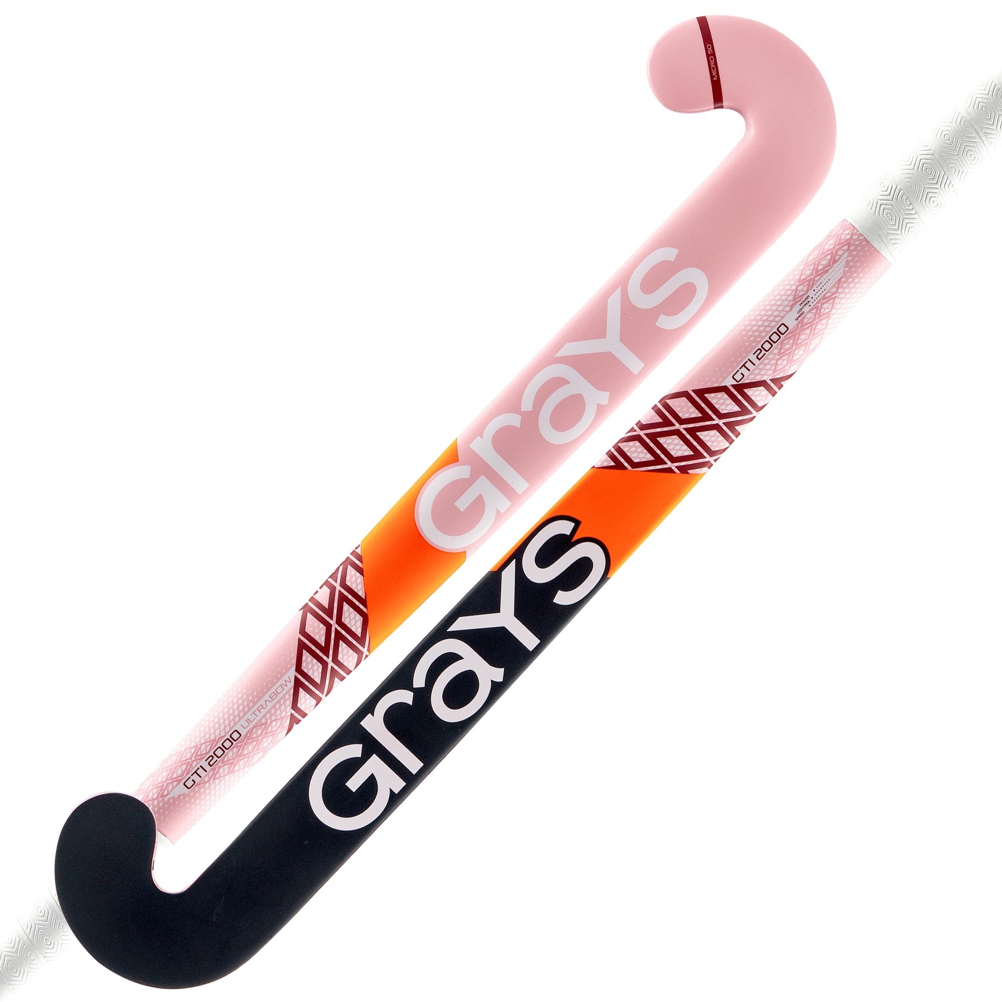Grays GTi2000 Ultrabow composite indoor hockey stick featuring a pink and black design with a textured grip and bold "Grays" branding along the shaft.