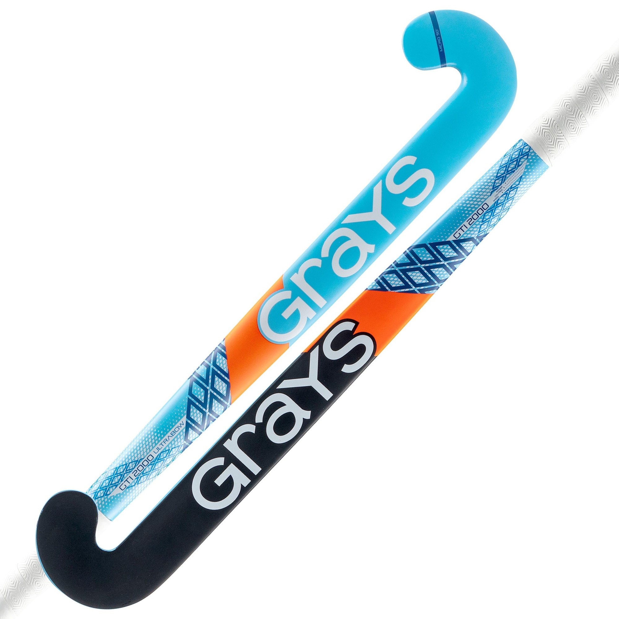 A blue and black composite indoor hockey stick with a curved hook, featuring a vibrant design and the Grays logo prominently displayed in white.