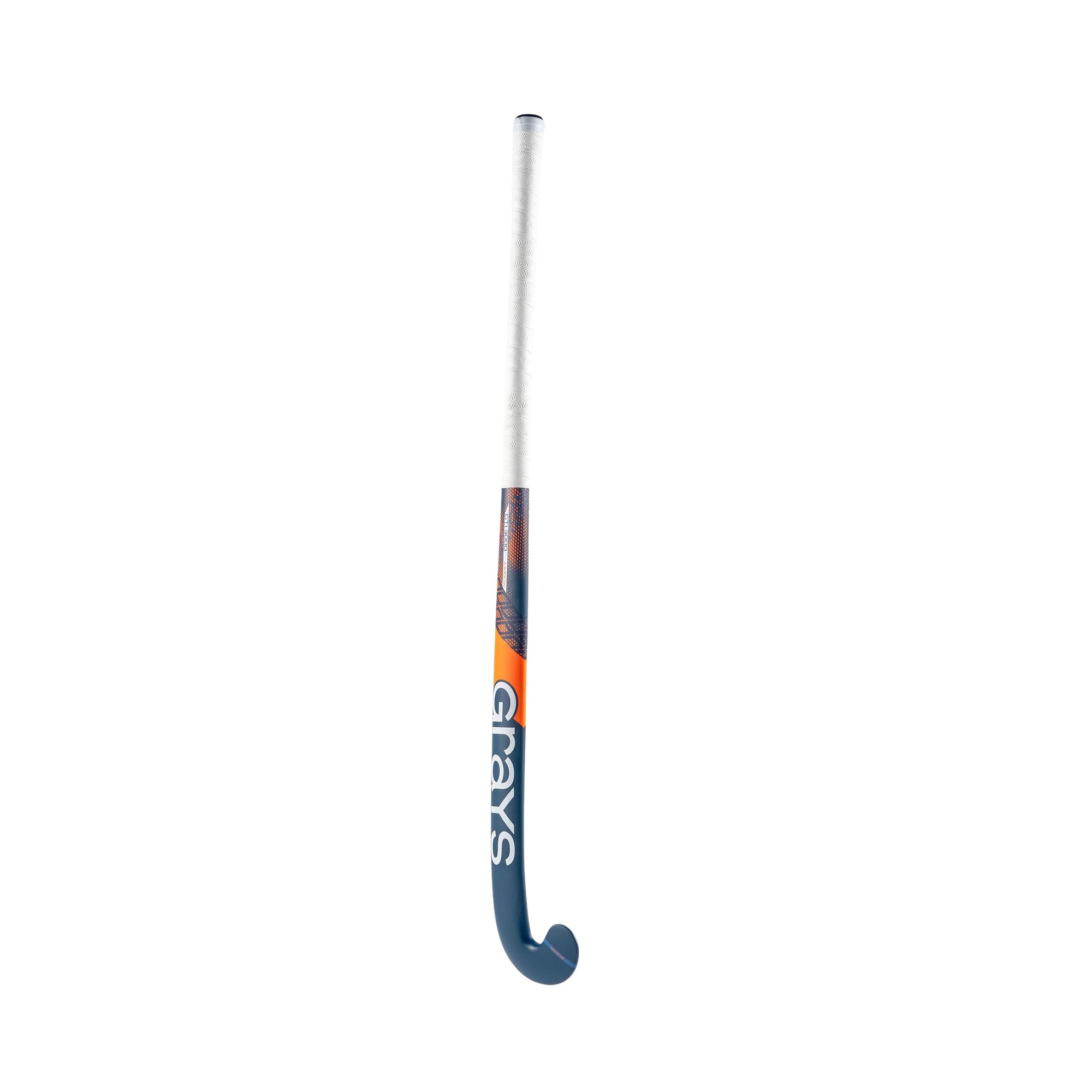 Navy and orange Grays GTi3000 Jumbow composite indoor hockey stick featuring a curved design and a textured grip for enhanced control and performance.