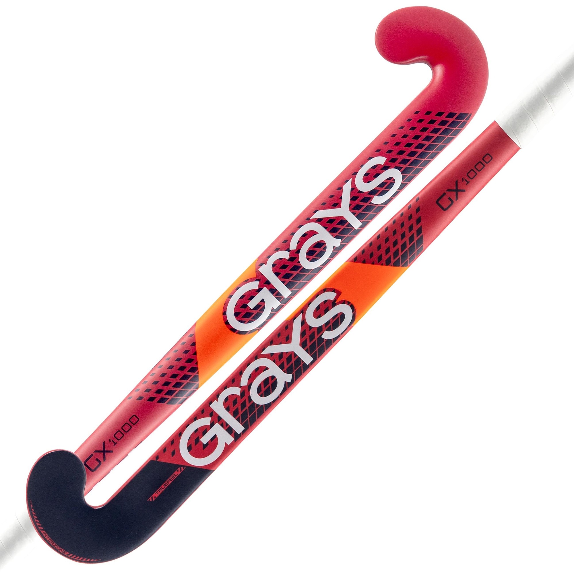 Red and black Grays GX1000 Ultrabow composite hockey stick featuring a curved hook, bold "Grays" branding, and a sleek design with a gradient pattern.