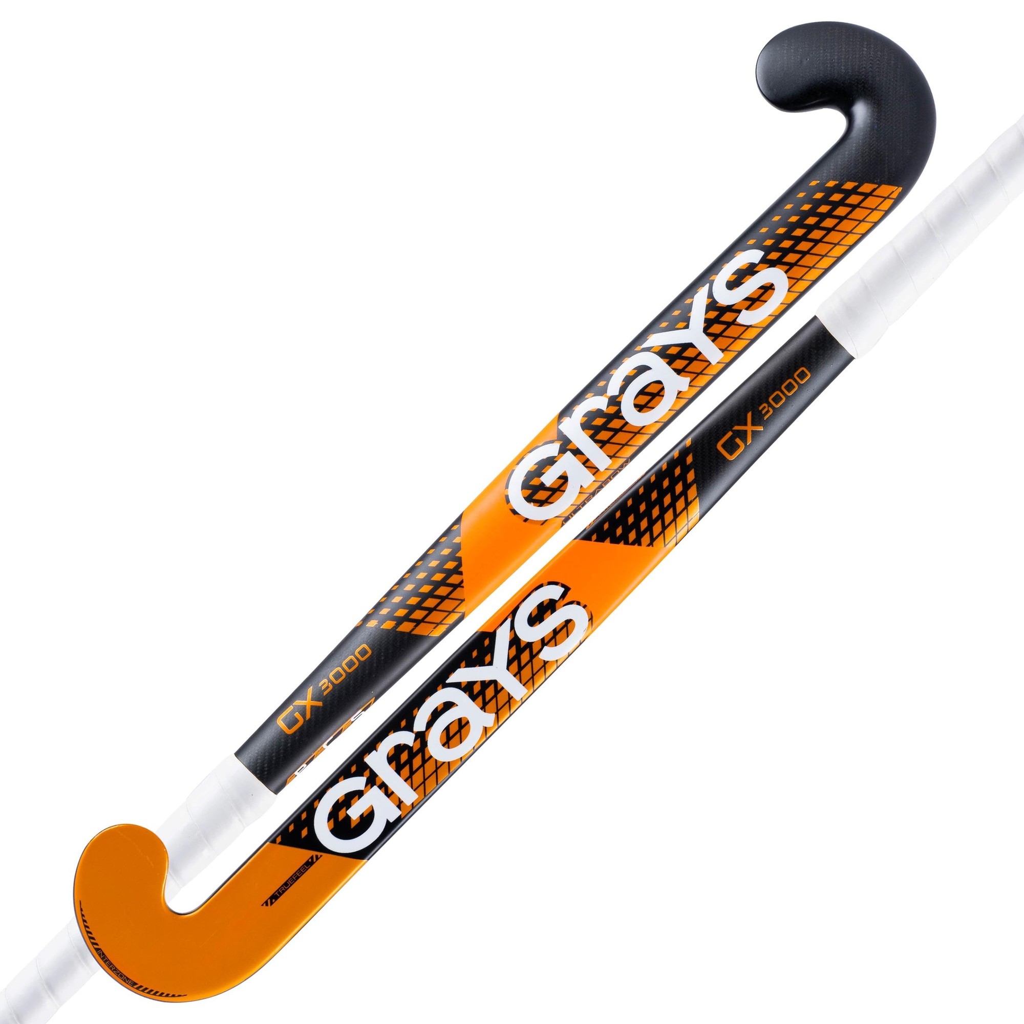 Black and orange Grays GX3000 Ultrabow Junior Composite Hockey Stick featuring a curved hook, textured grip, and distinctive geometric patterns on the shaft.