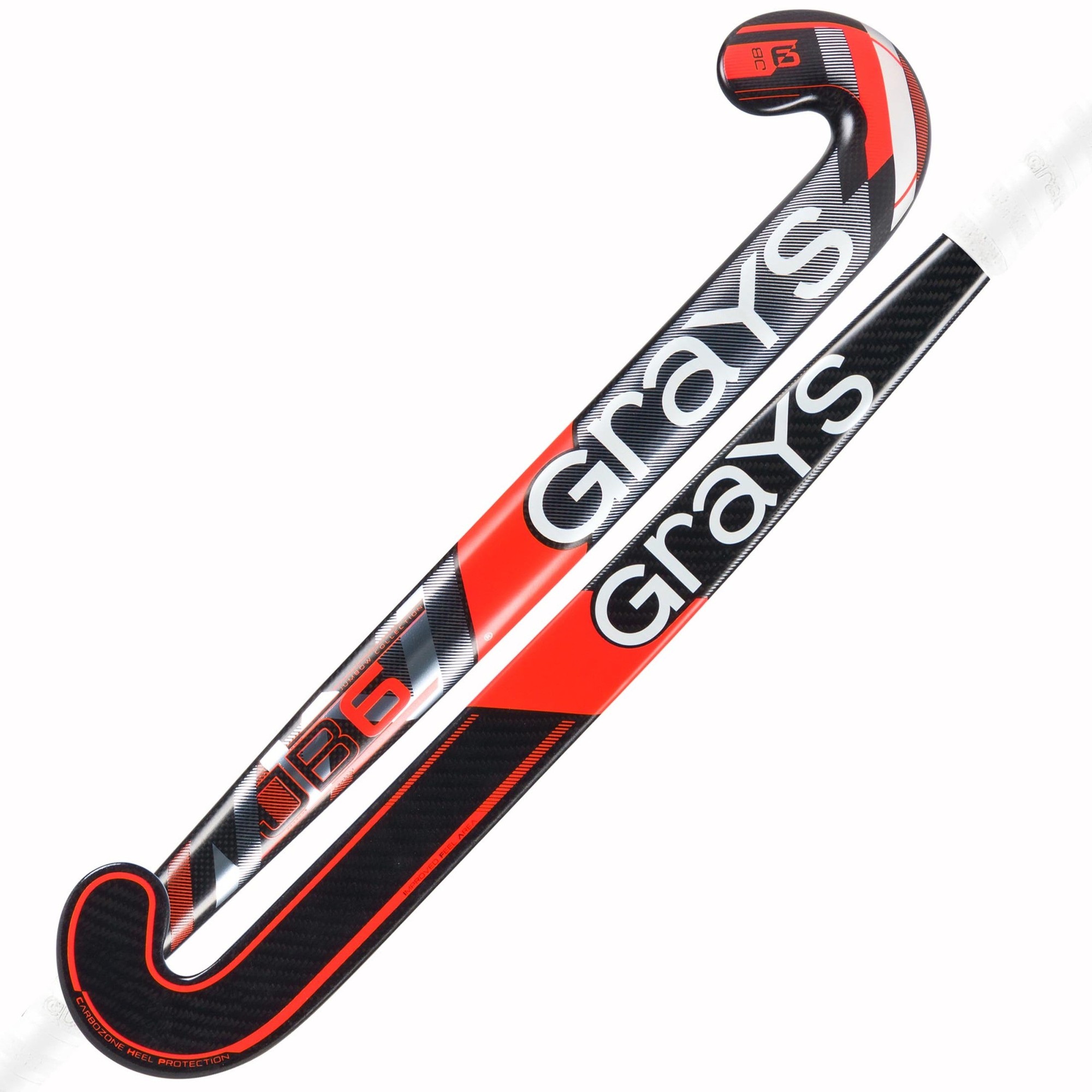 Red and black composite hockey stick with a curved hook, featuring "Grays" branding and model "JB 6" prominently displayed on the shaft.