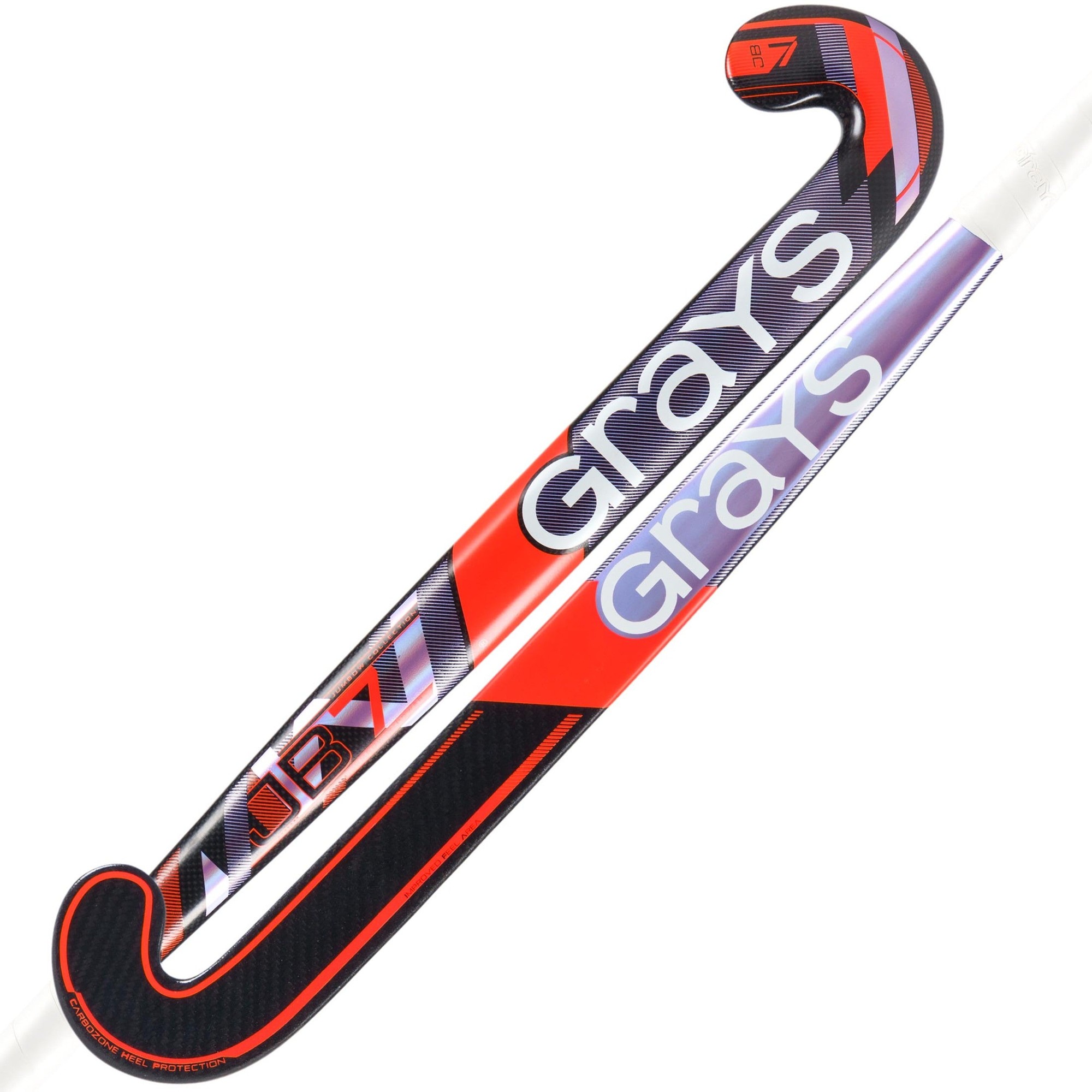 Grays JB 7 Composite Hockey Stick featuring a sleek design with a black and red color scheme, a curved hook, and prominent Grays branding along the shaft.