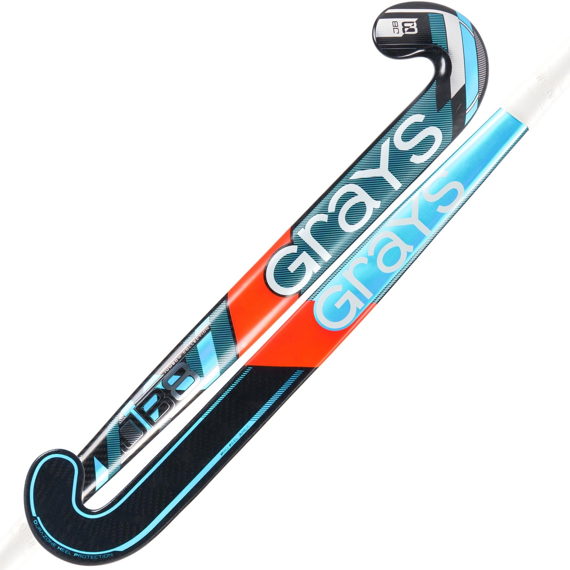 Black composite hockey stick with blue and red accents, featuring a curved hook and "Grays" branding prominently displayed along the shaft.