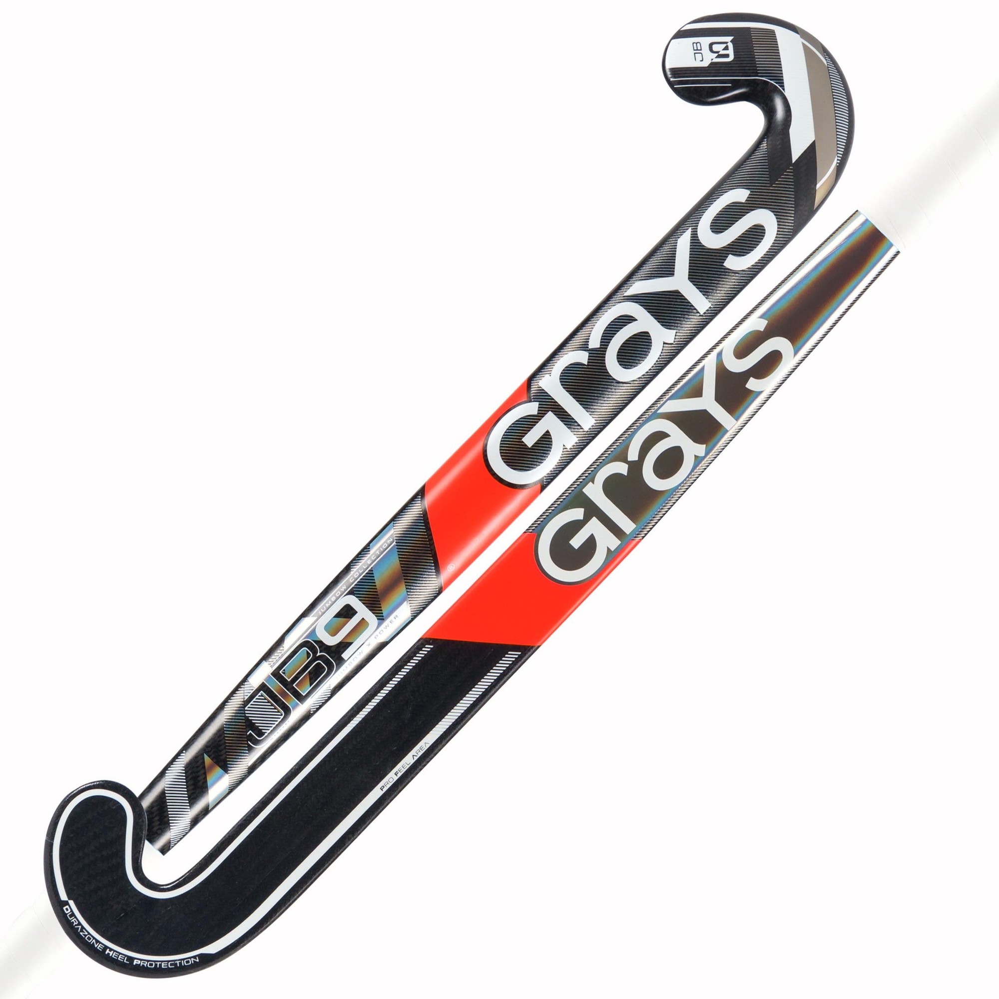 Black composite hockey stick featuring a sleek design with red accents and bold "Grays" branding, showcasing a curved handle and a reinforced blade for enhanced performance.