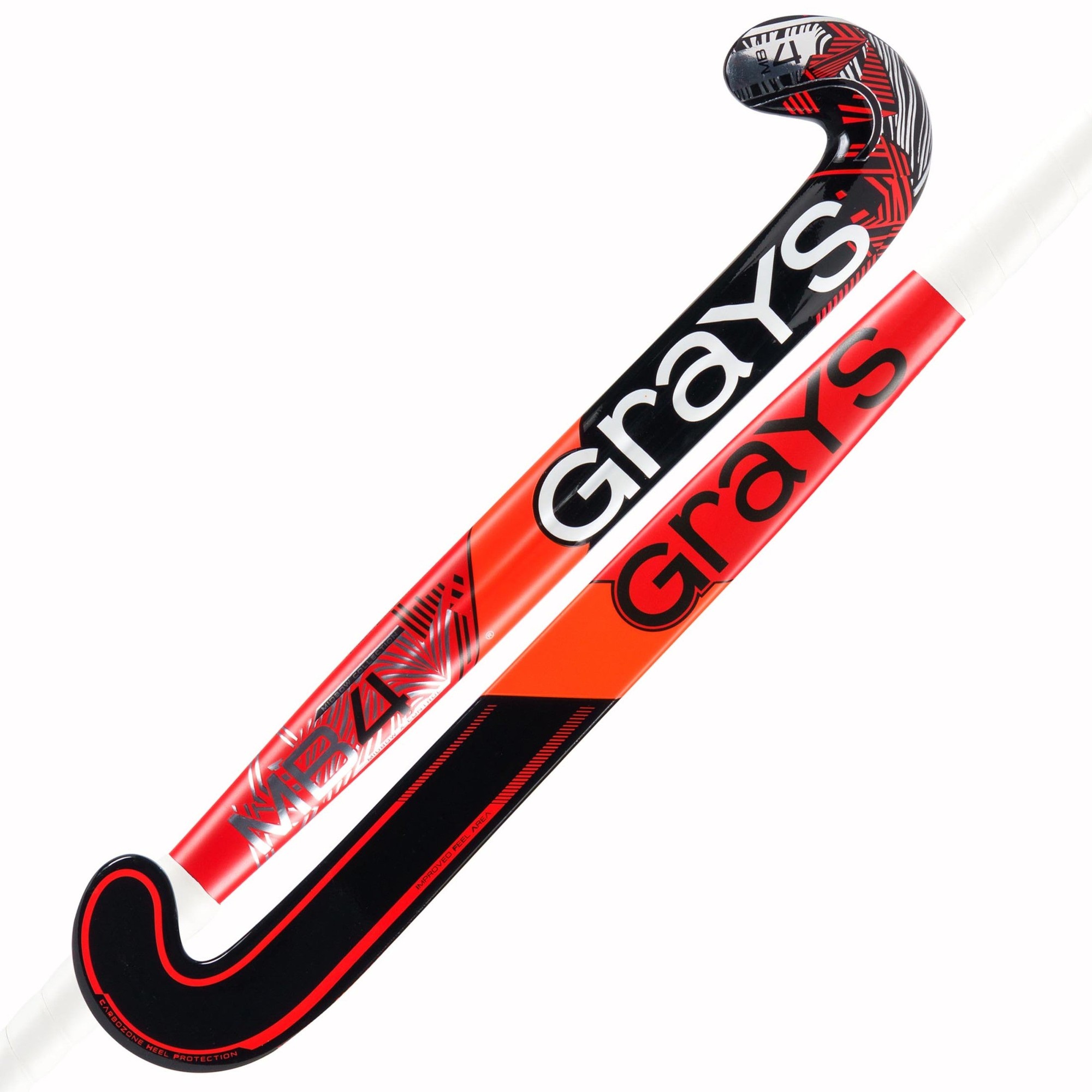 Black and red Grays MB 4 Junior Composite Hockey Stick featuring a sleek design, a curved hook, and textured grip for enhanced control and performance.