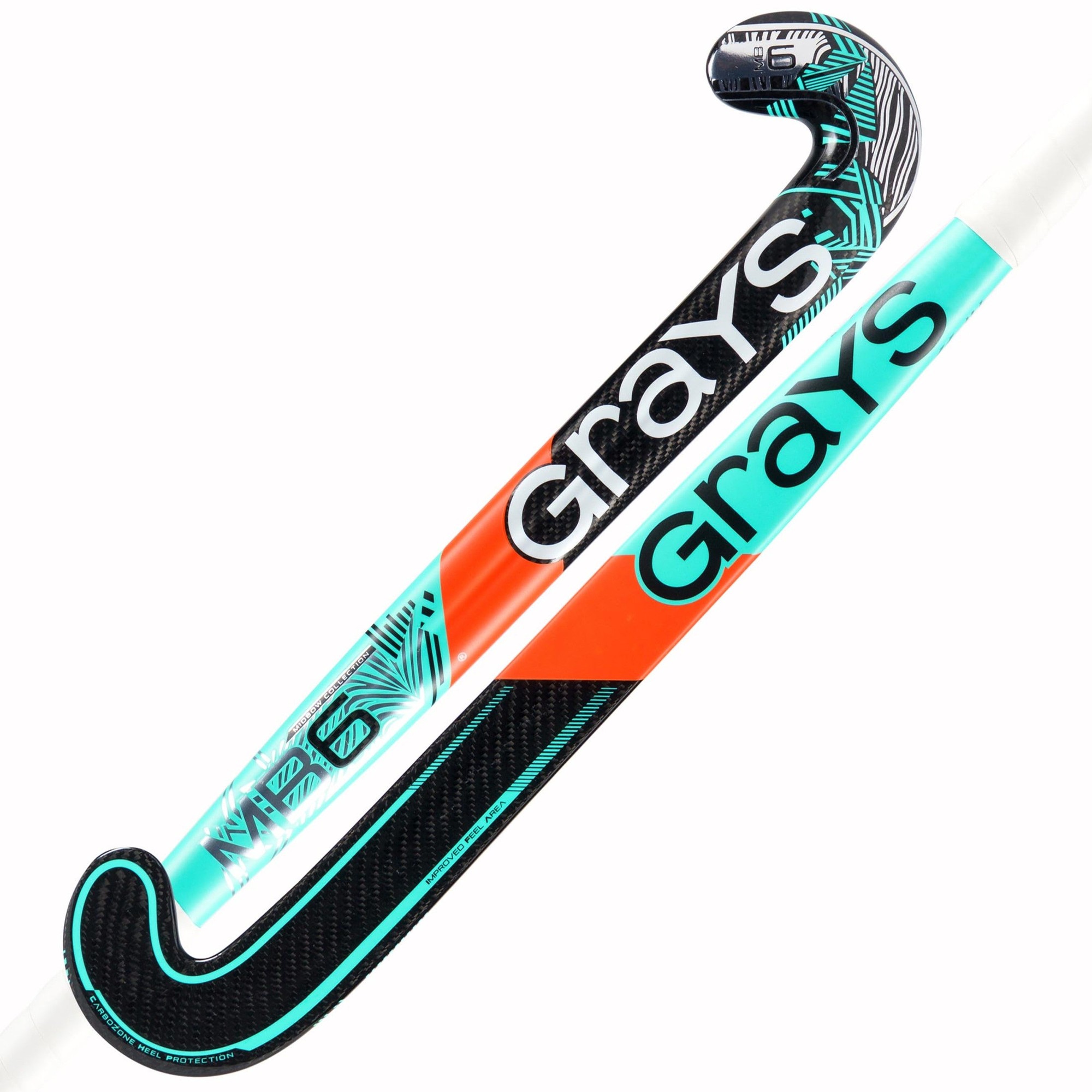 Black and turquoise composite hockey stick with a curved hook, featuring a textured grip and Grays logo prominently displayed on the shaft.