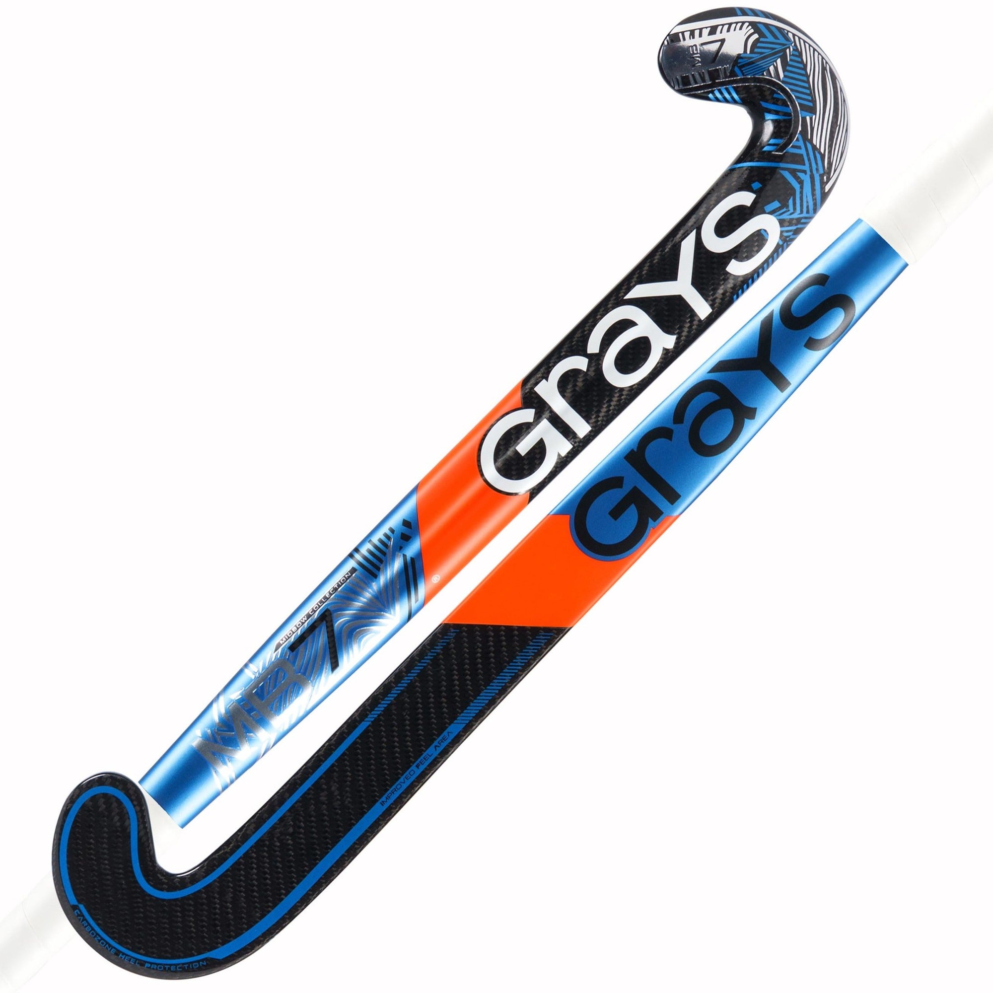 Black composite hockey stick with blue and orange accents, featuring a curved hook and prominent "Grays" branding on both sides.