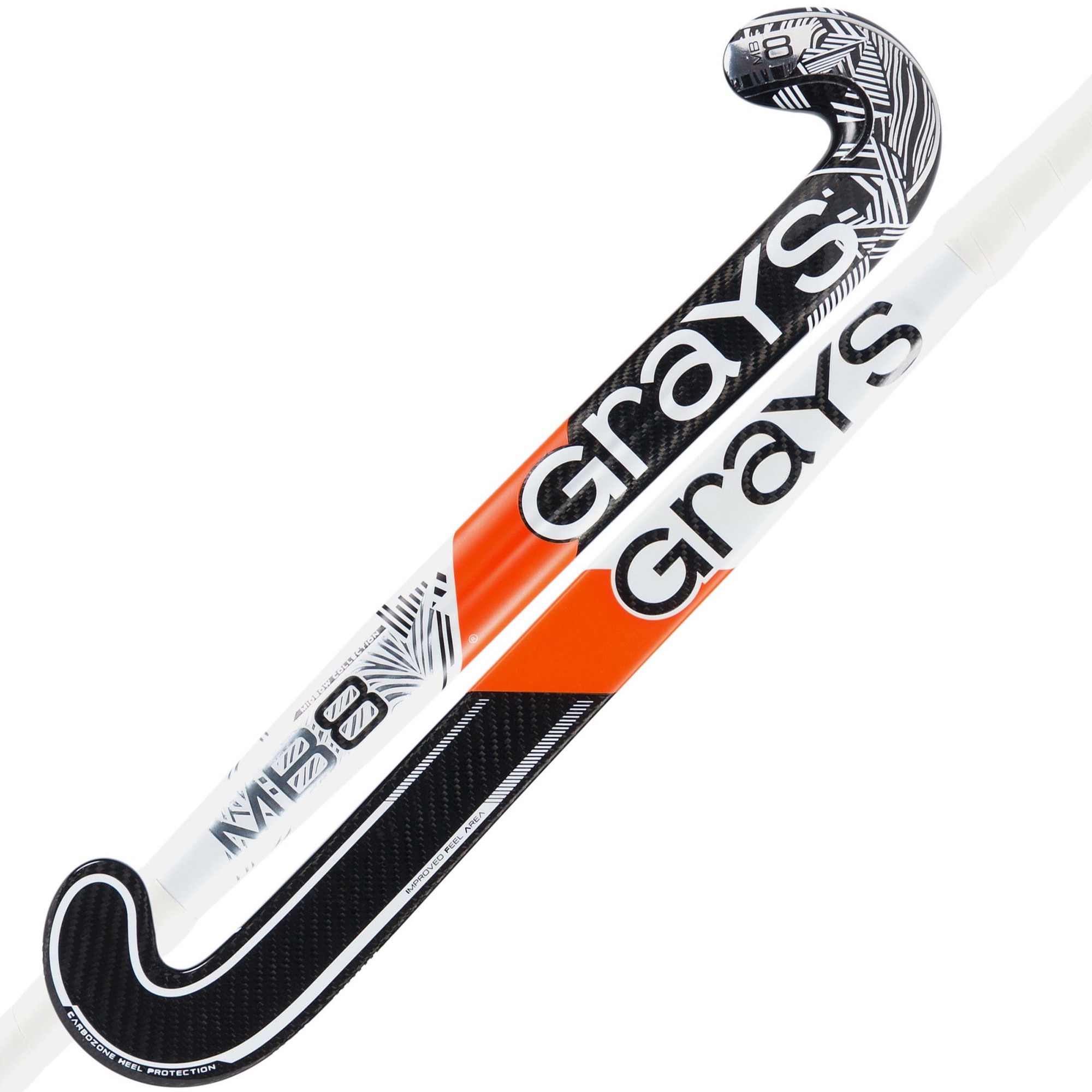 Grays MB 8 composite hockey stick in black and white with orange accents, featuring a curved handle and textured grip for enhanced performance on the field.