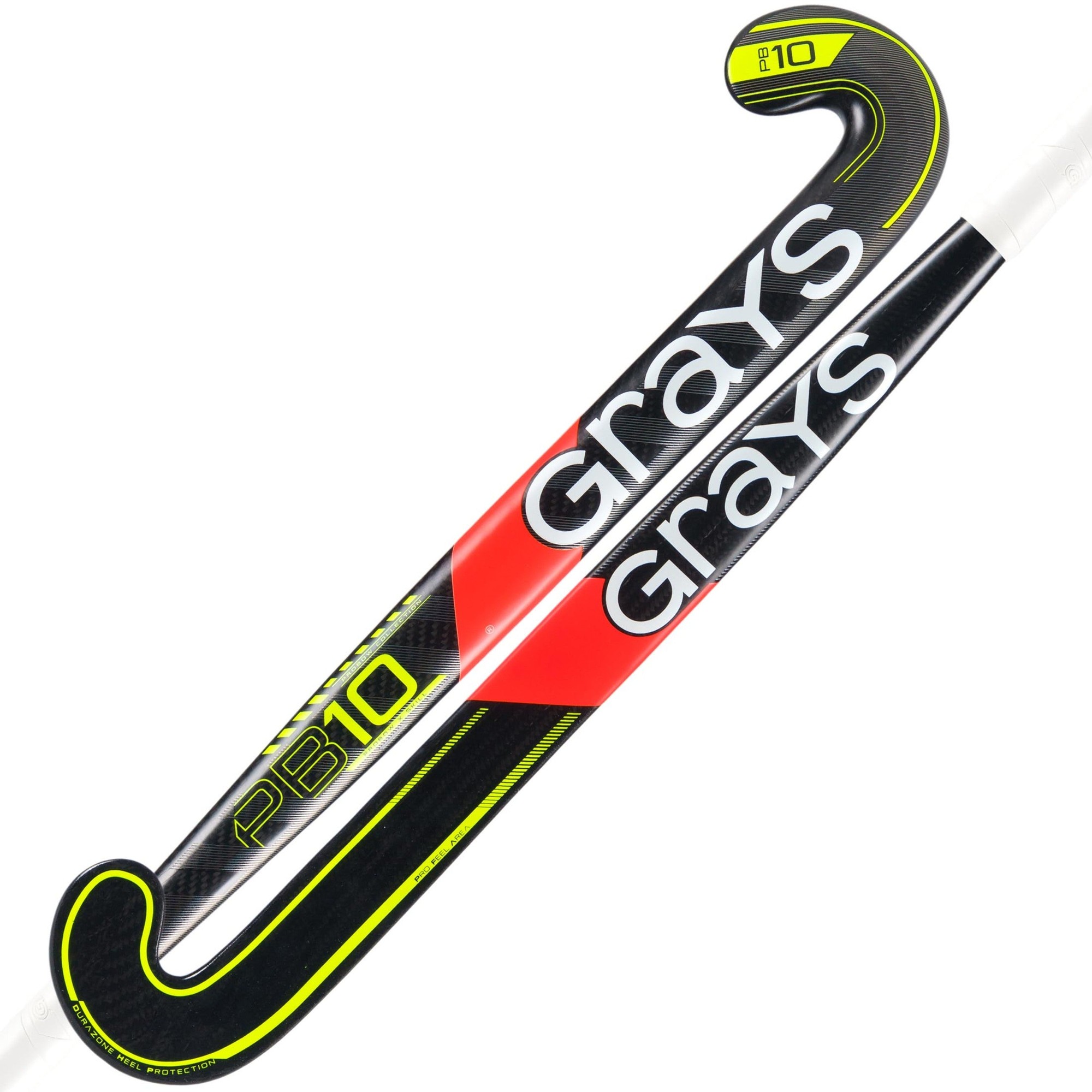 Black composite hockey stick with vibrant red and yellow accents, featuring "Grays" branding and "PB10" model designation along the shaft.