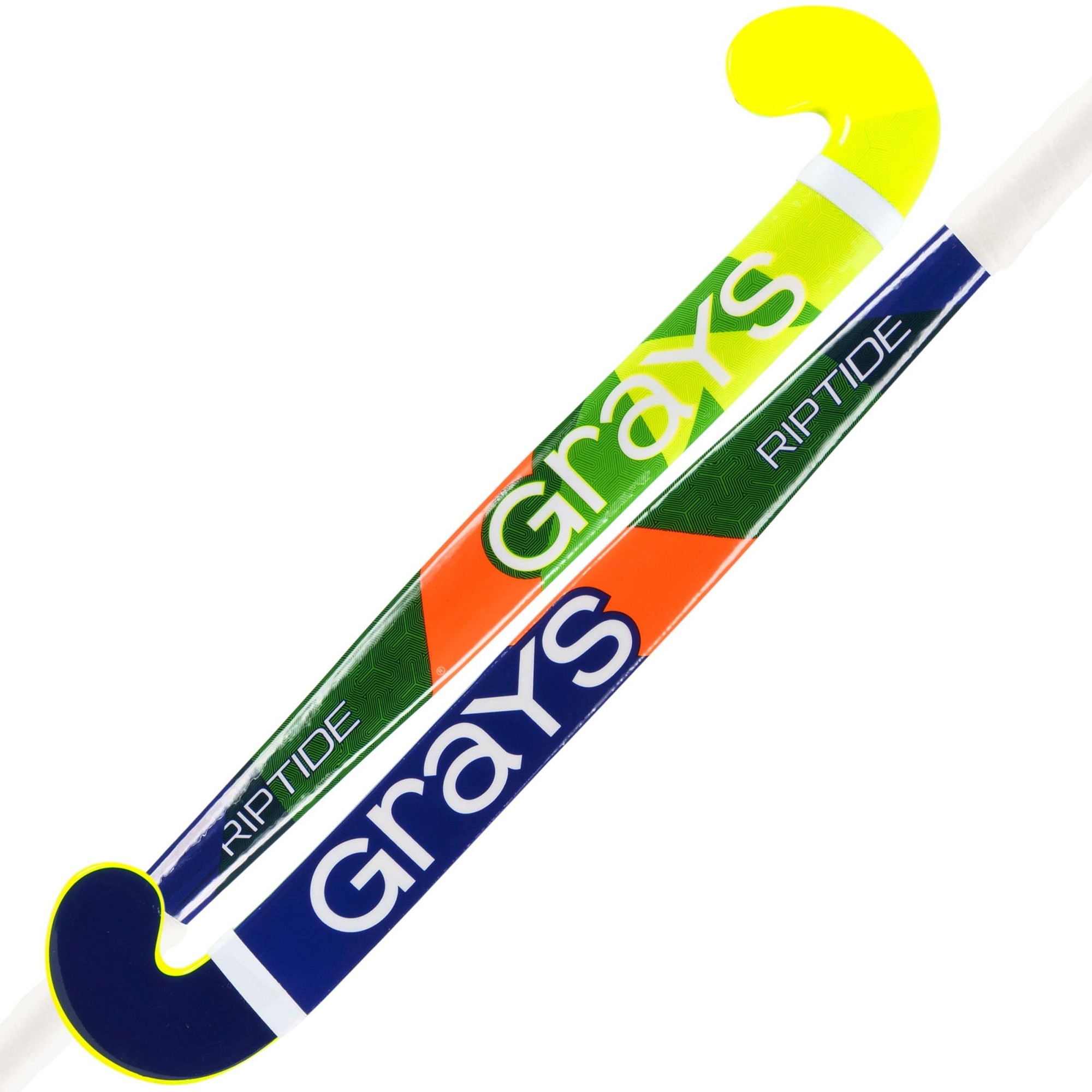 Grays Riptide Ultrabow Junior Hockey Stick featuring a vibrant design with neon yellow, green, and orange accents, a curved ultrabow shape, and a durable composite material.