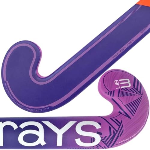 Purple composite hockey stick with a curved blade, featuring "Grays" branding, textured grip, and "UB 3" model designation, designed for enhanced performance and protection.