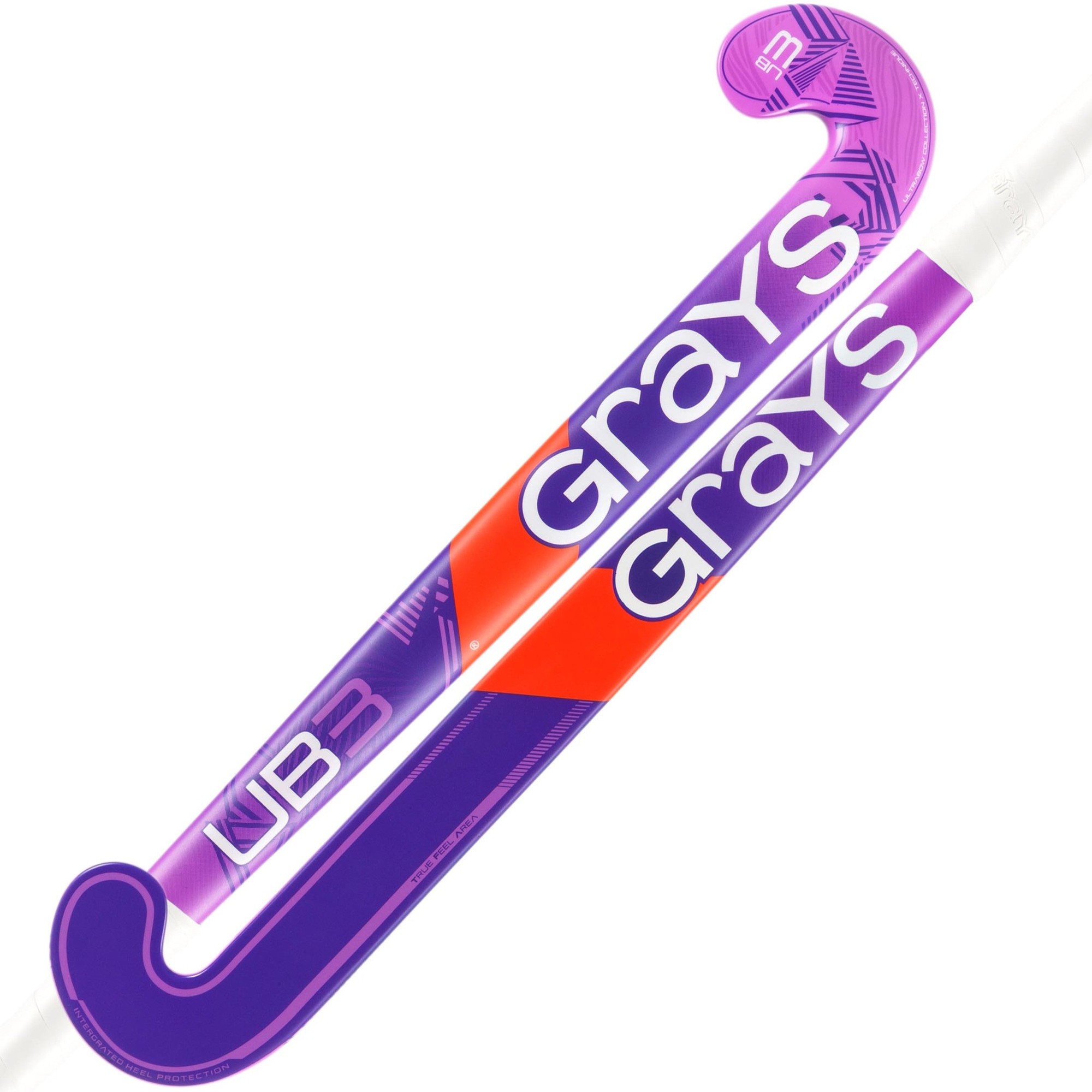 Purple and orange composite hockey stick featuring a curved design, "Grays" branding, and "UB 3" model designation, ideal for junior players.