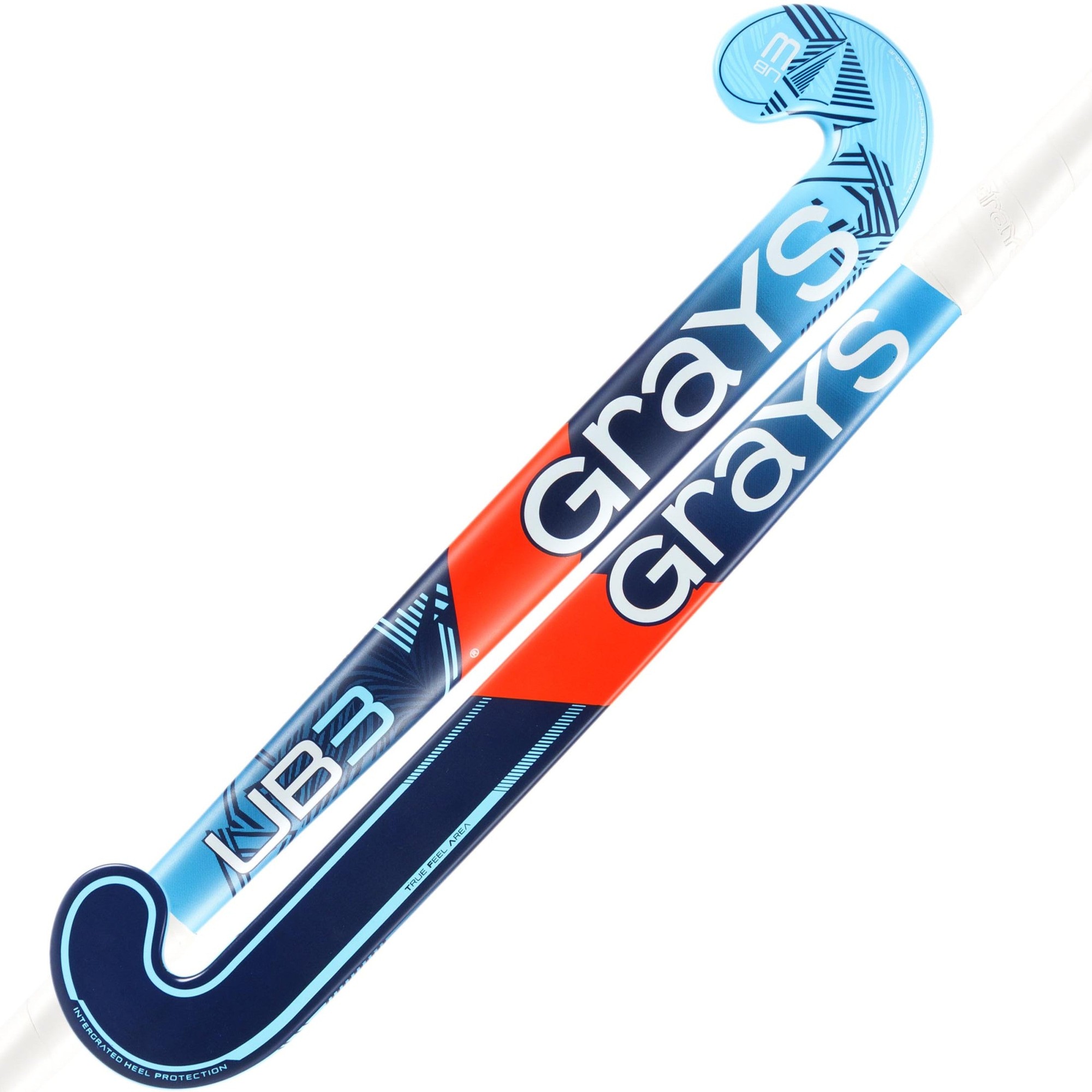 Blue and red composite hockey stick with a curved hook, featuring "Grays" branding and a textured grip for enhanced control, designed for junior players.