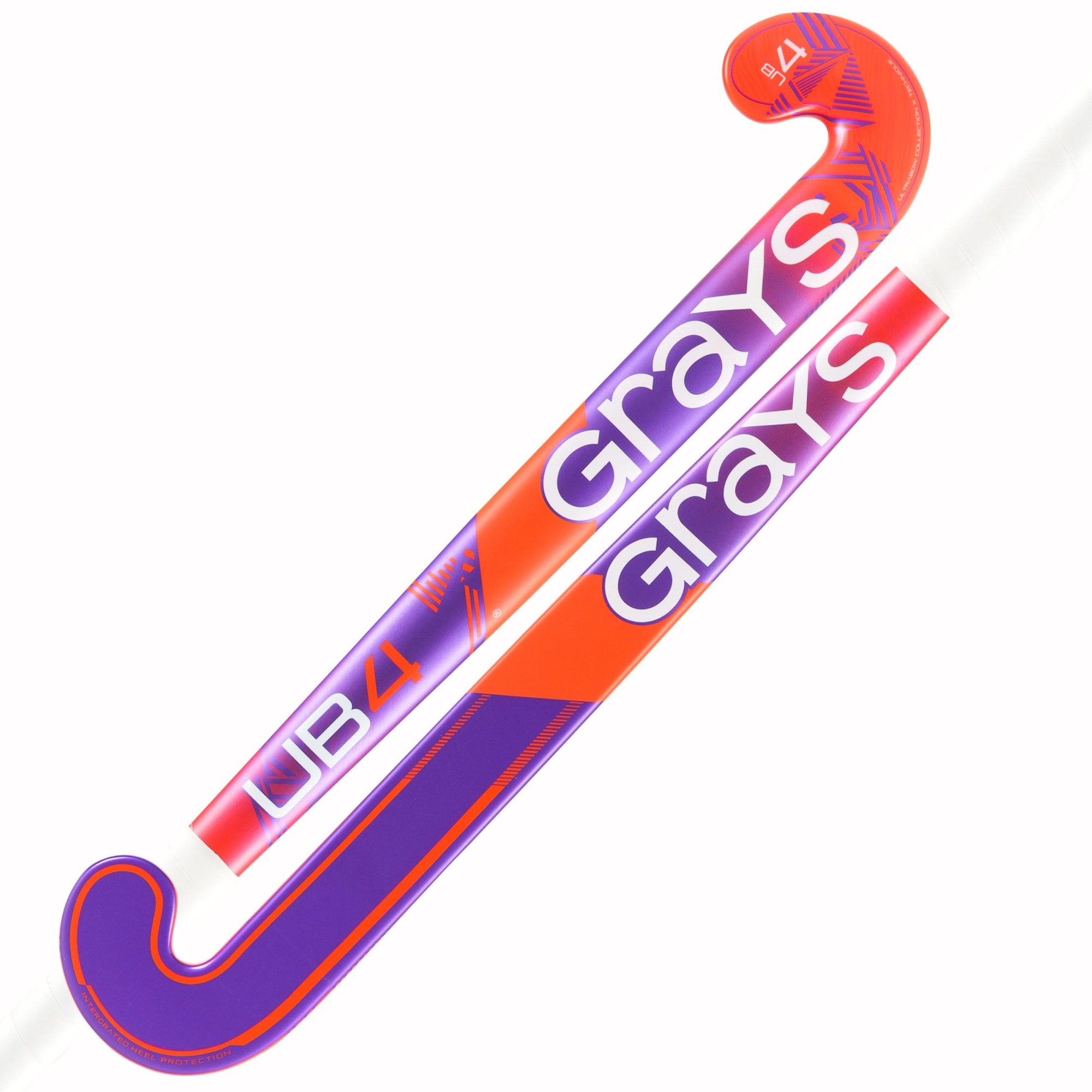 Purple and orange Grays UB 4 composite hockey stick featuring a curved blade, lightweight design, and bold branding along the shaft.